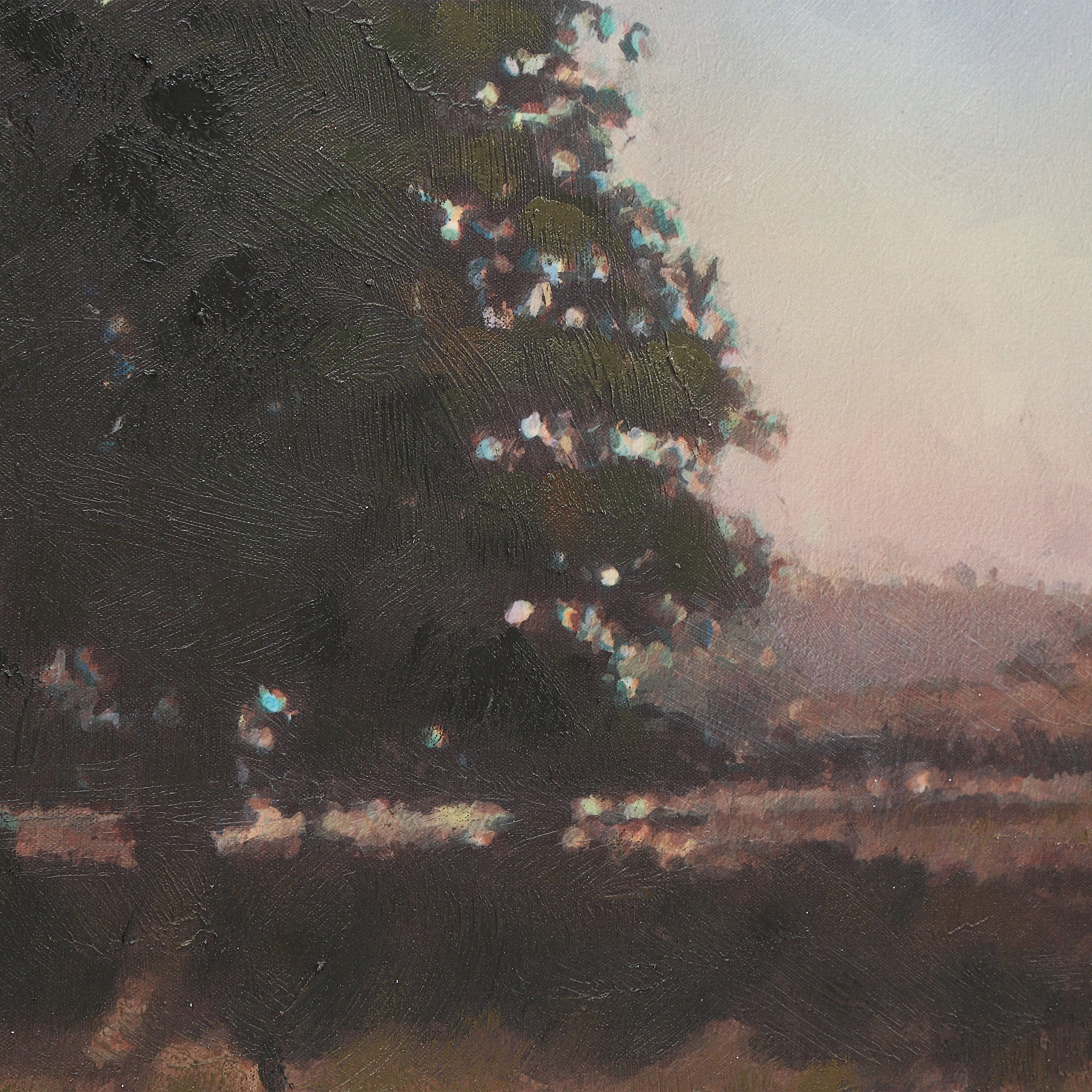 Close-up of Horizon canvas art highlighting textured brush strokes on a tree.