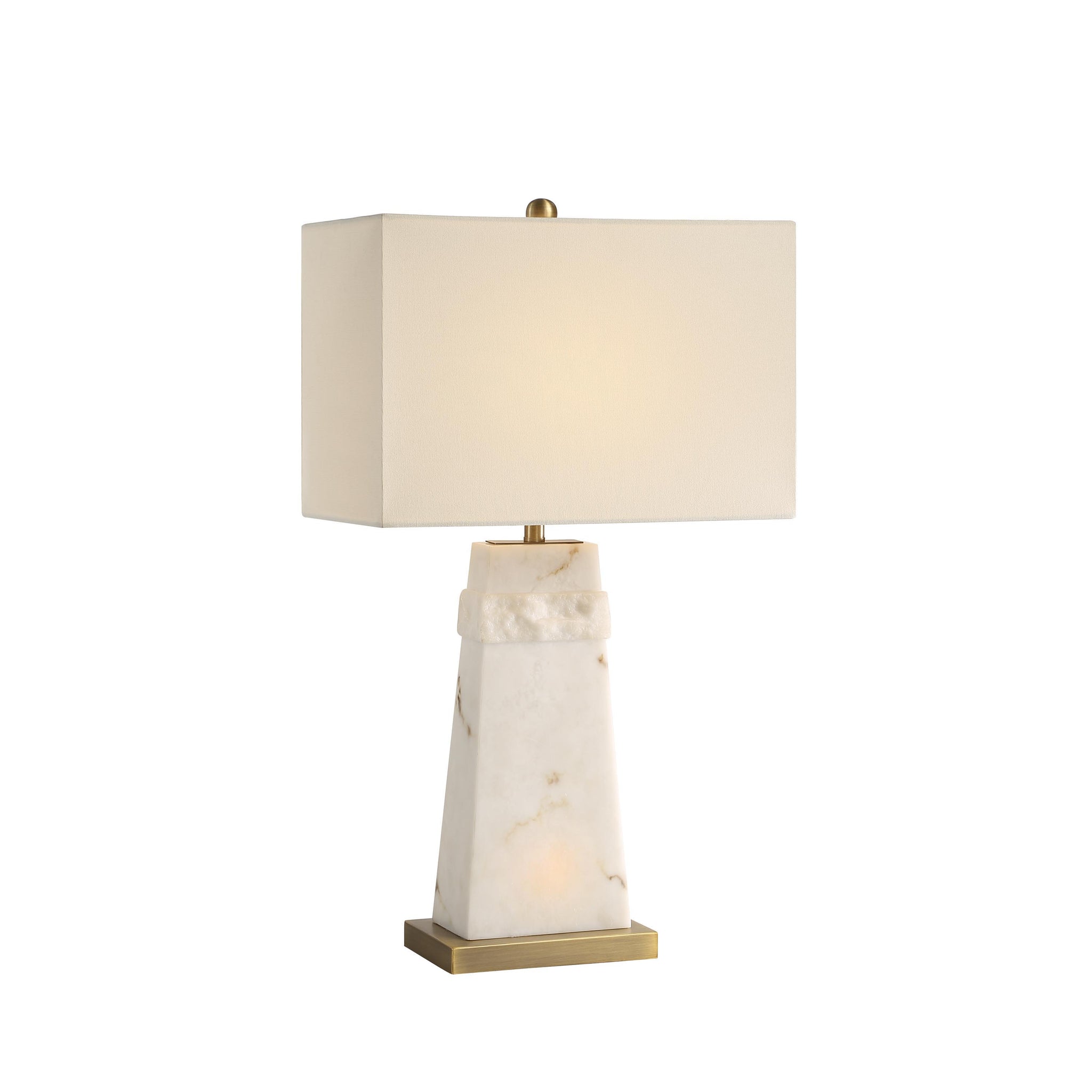 Nisrine table lamp featuring a white marble base with gold accents and a rectangular cream fabric shade.