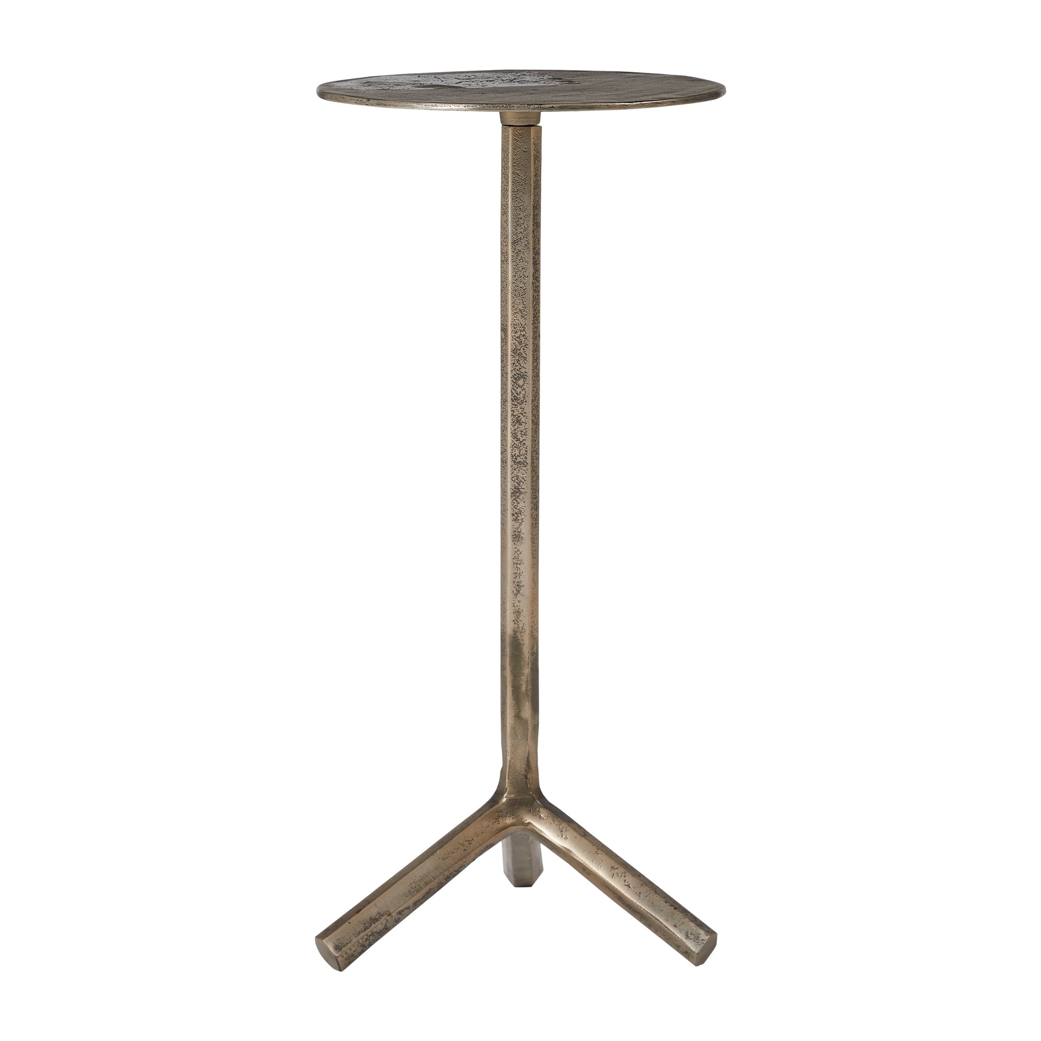 Zahra side table featuring a circular top and a sleek metallic three-legged design