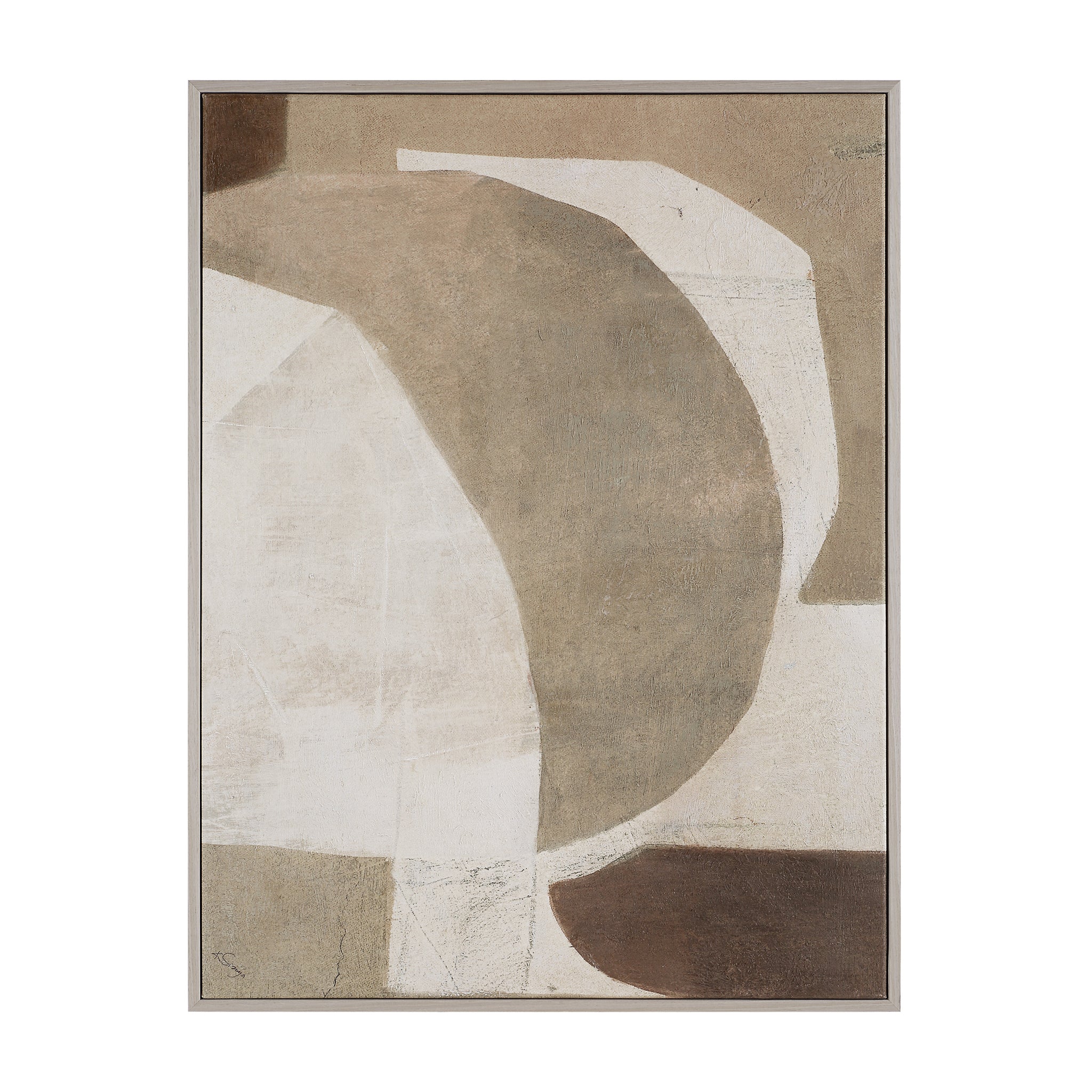 Alcea Canvas Art with abstract design in earthy colors, framed in light wood.
