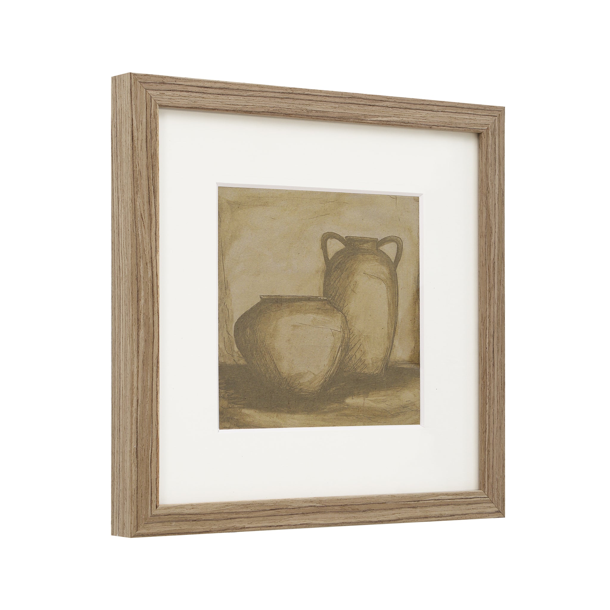 Vetro Canvas Art with two vases, angled view in a brown frame, highlighting warm colors.