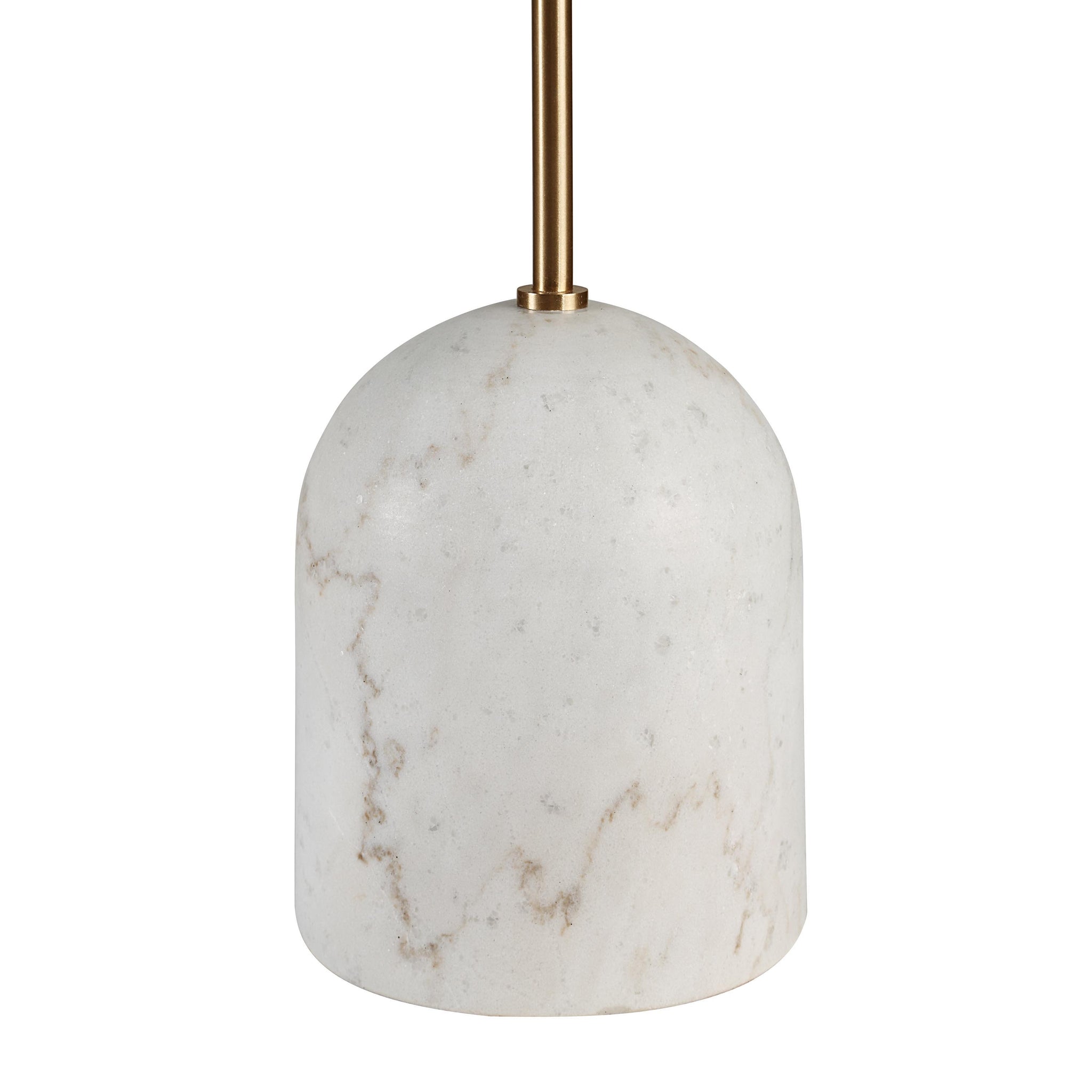 Close-up of Dili table lamp base made of white marble with subtle veining and a metal stem.