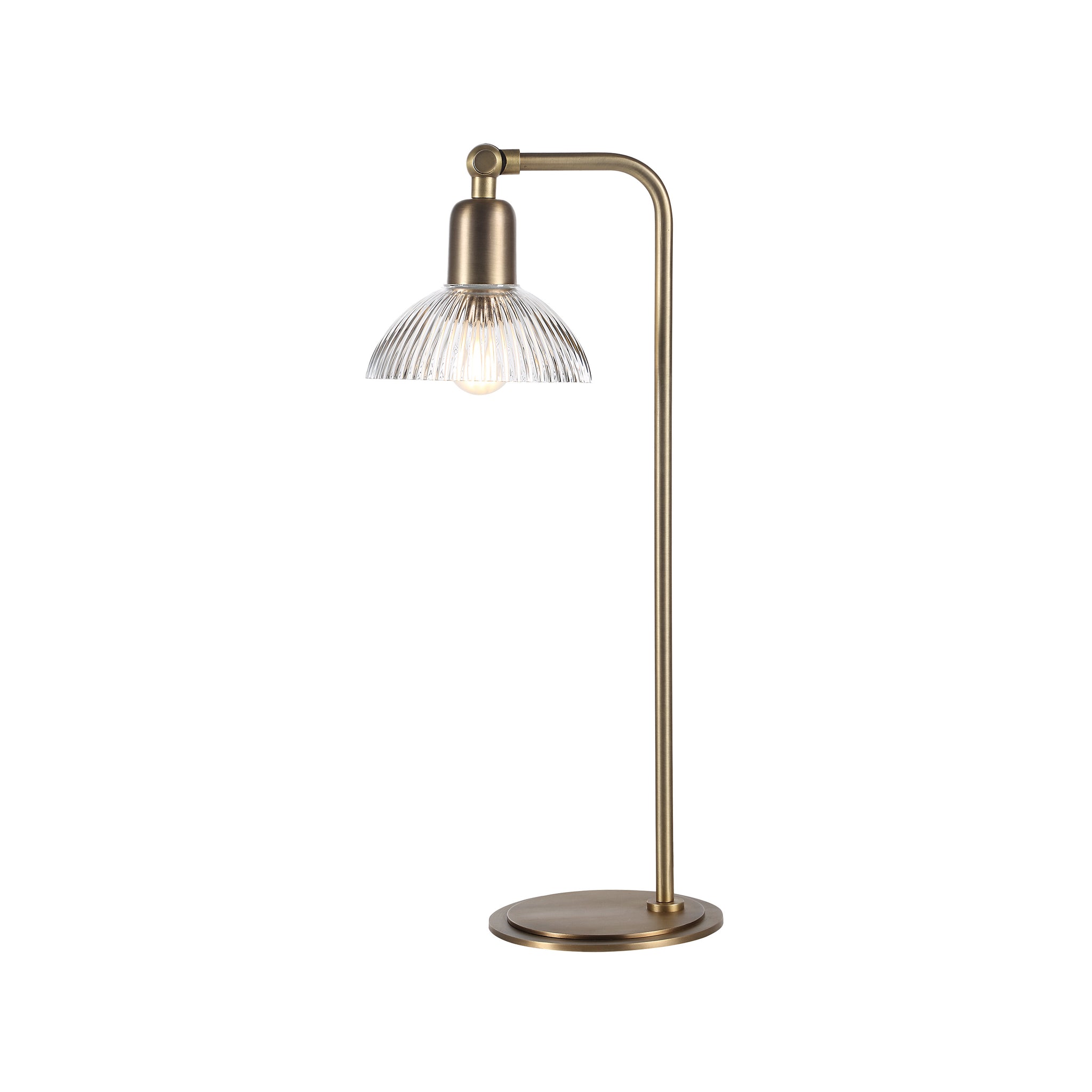 Samos table lamp with a brass finish and clear ribbed glass shade, featuring a modern design and sleek silhouette.