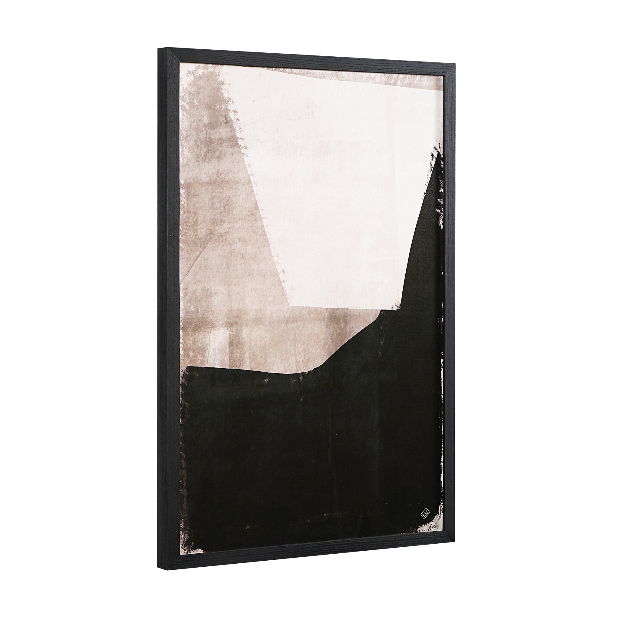 Watson wall decor showing an angled perspective of abstract black and beige artwork in a black frame