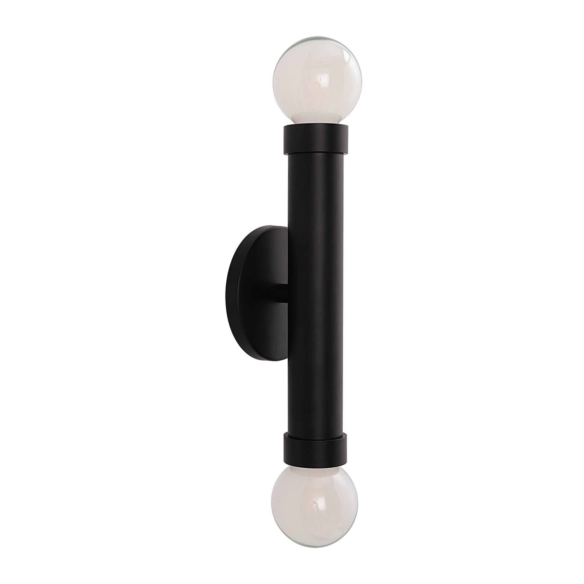 Alika Wall Sconce by Renwil, black metal finish with two round glass bulbs