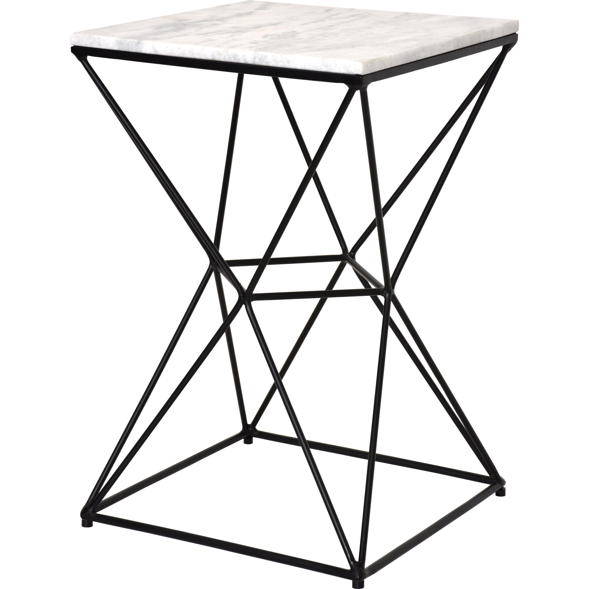 SYMMETRY table with a white marble top and black metal geometric base
