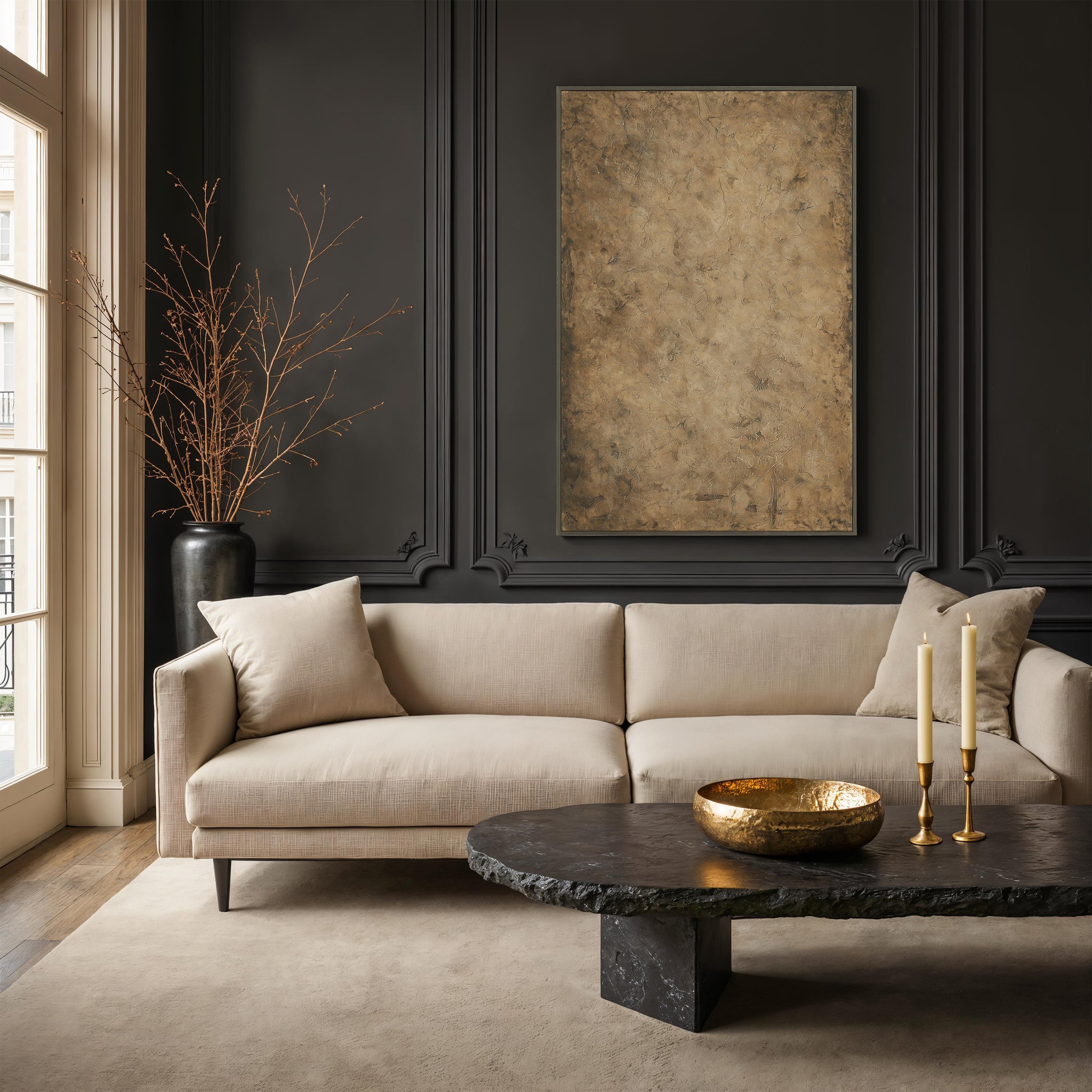 Acacia canvas art in a stylish living room setting with beige sofa and dark walls.