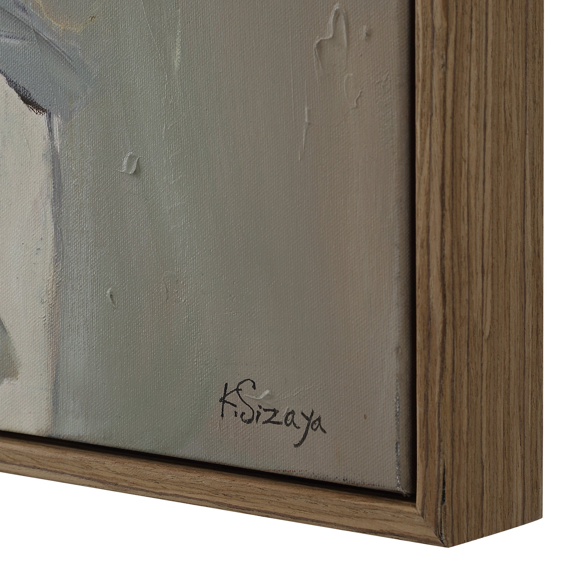 Close-up of Paine canvas art showing textured brush strokes and the artist's signature on a wooden frame.