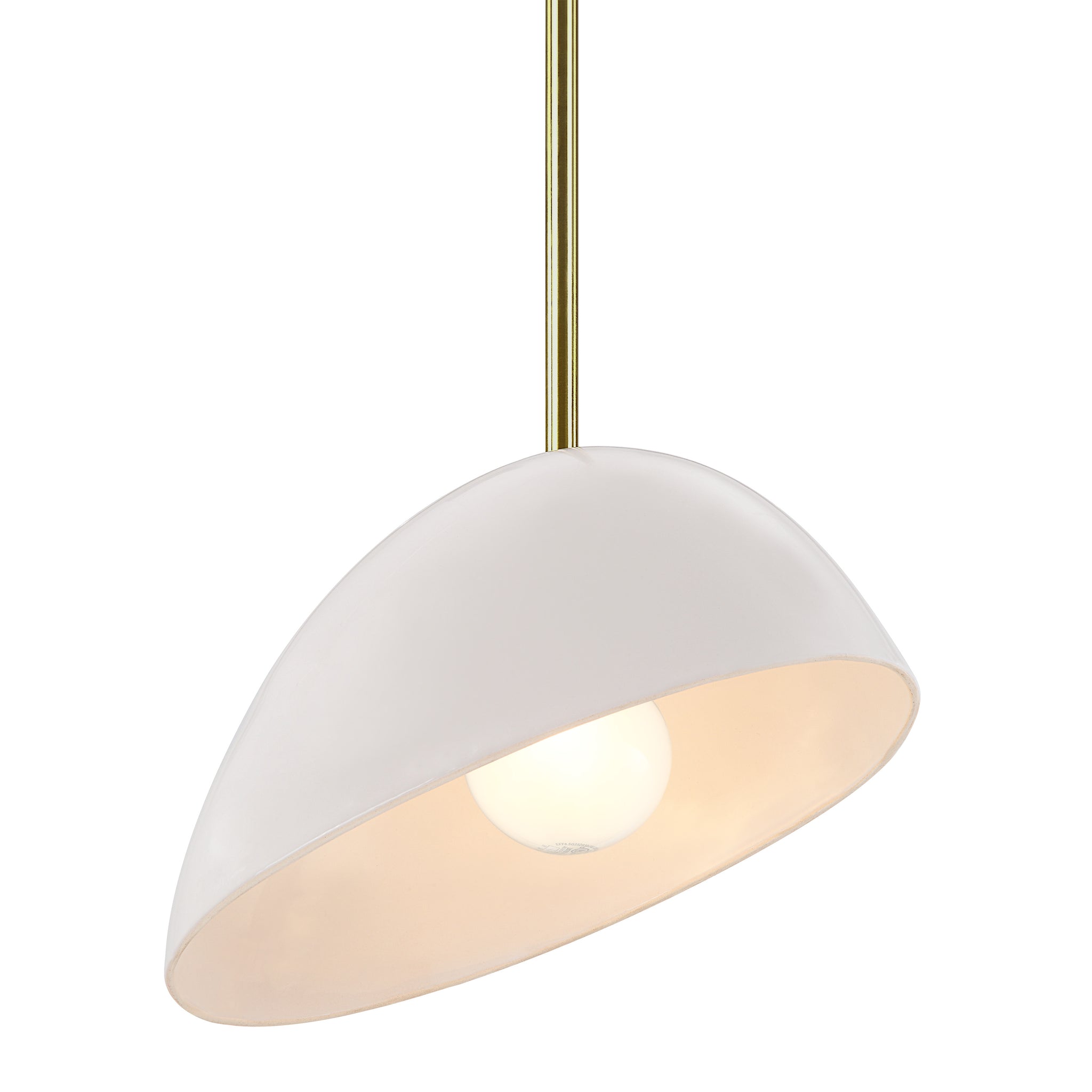 Corio Ceiling Fixture with a white dome shade and visible bulb, hanging from a brass rod.