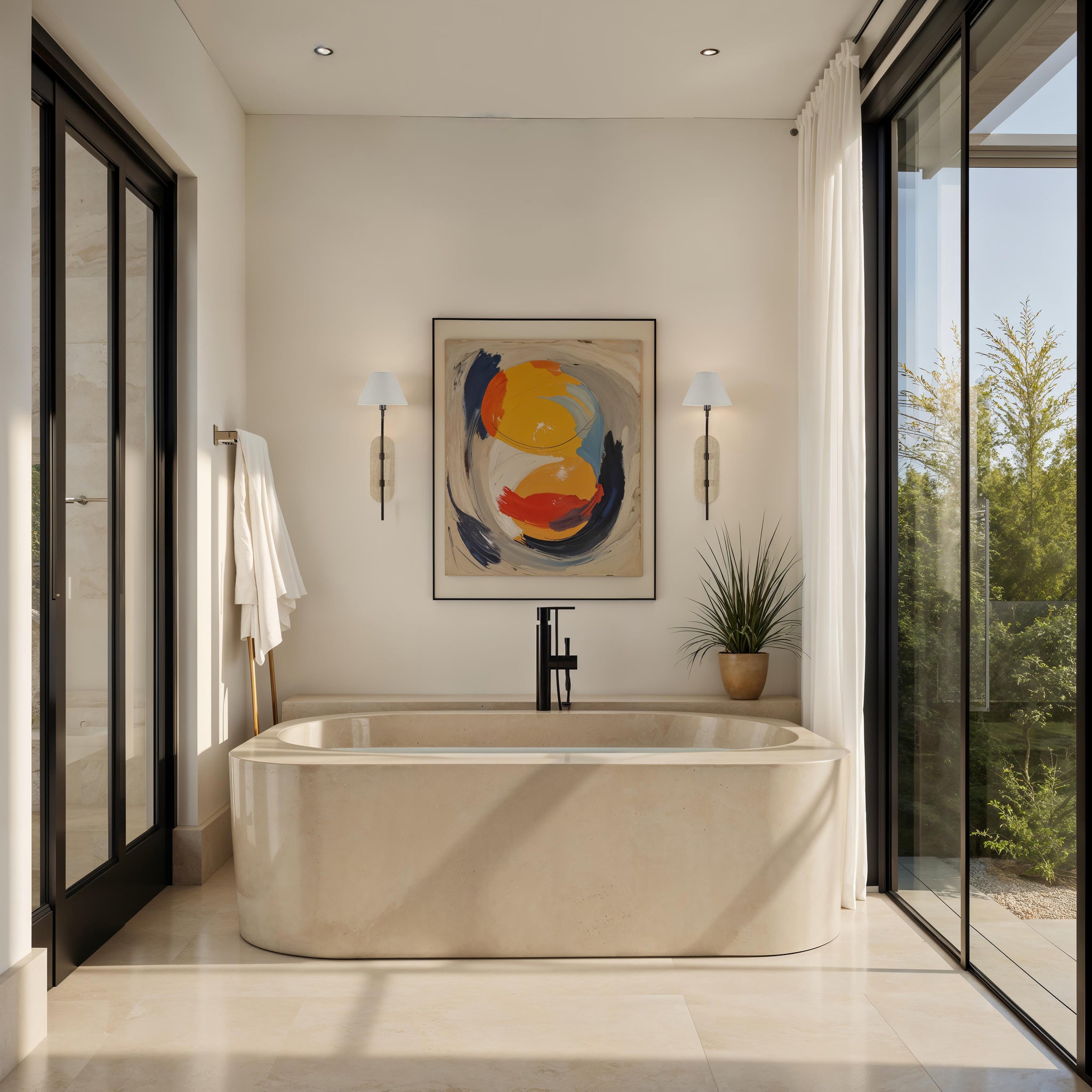 Acca Wall Sconces flanking a colorful abstract painting in a modern bathroom setting