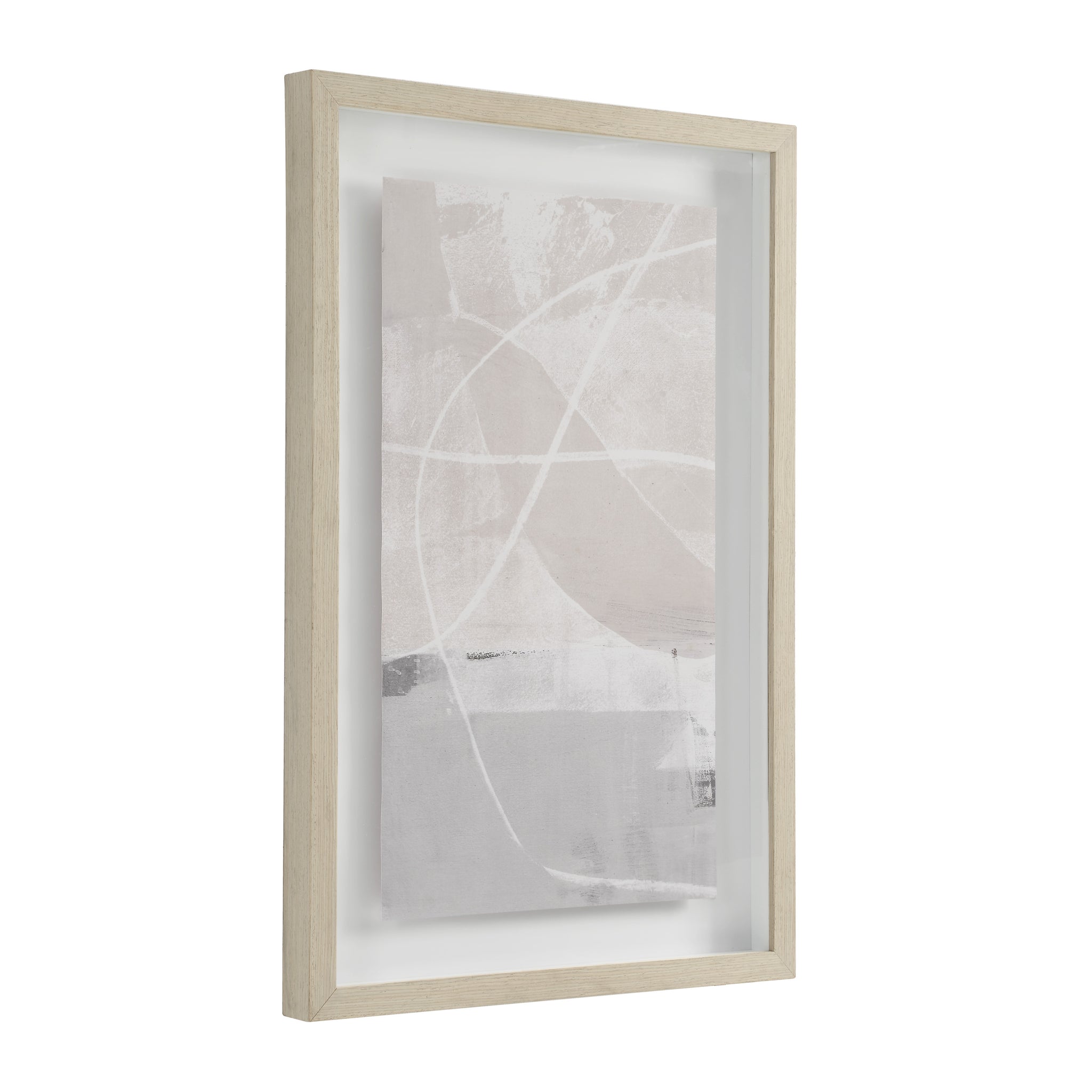 Rovereto Wall Decor with a side view showcasing abstract art in muted pink and gray, light wood frame.