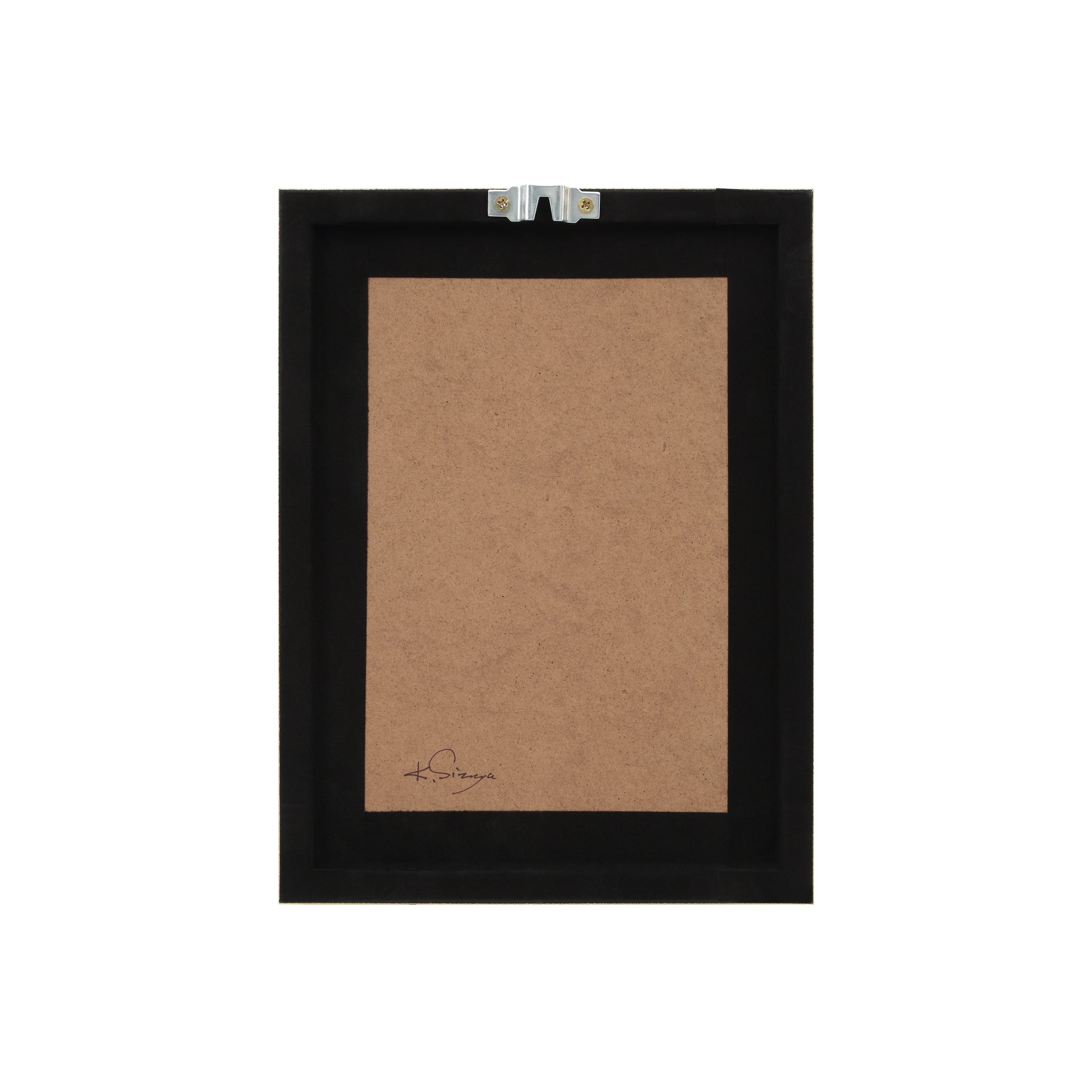 Back view of Bellie wall art frame, featuring a brown backing and hanging hardware.