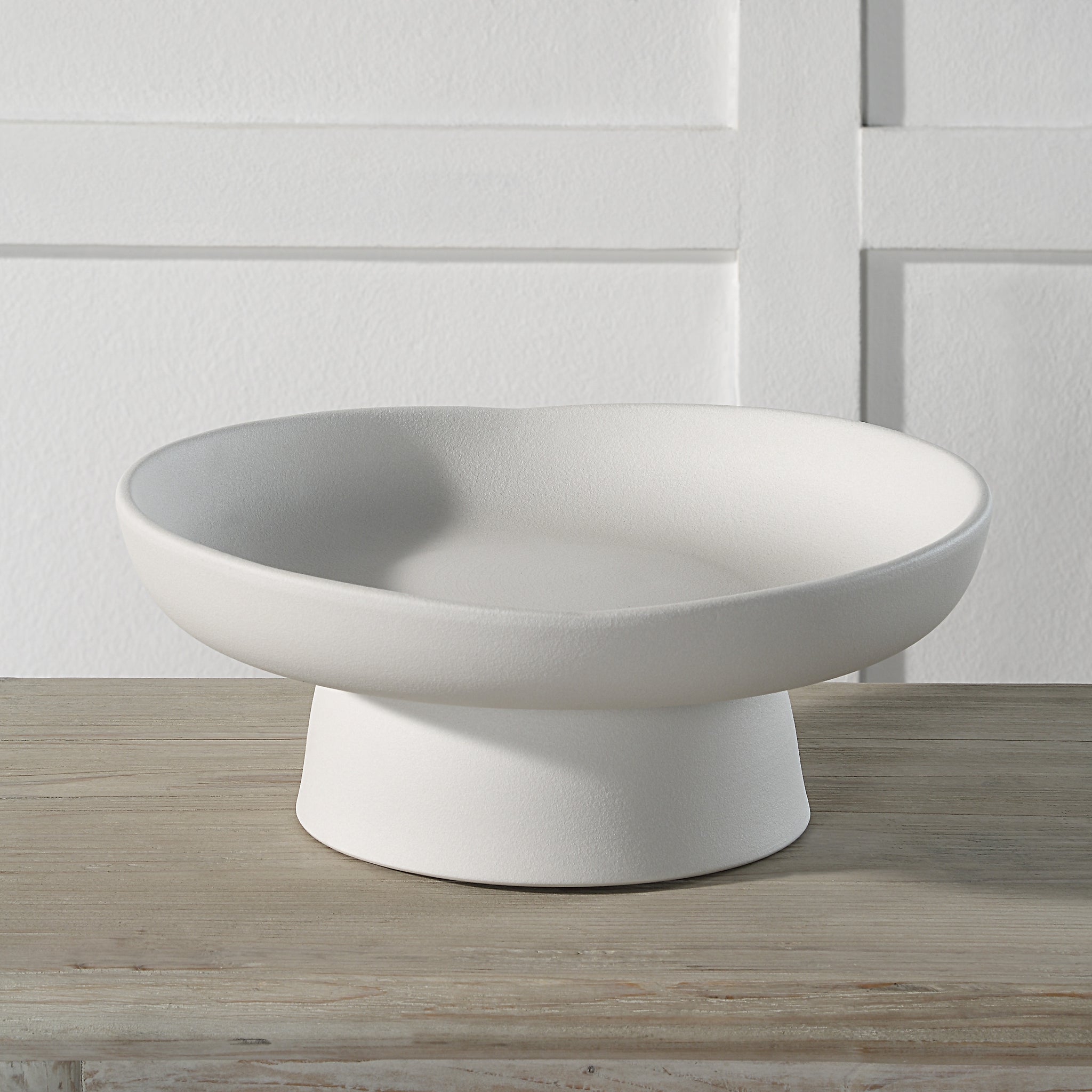 Malabo Bowl by Renwil, white decorative bowl displayed on a wooden surface, showcasing its unique design.