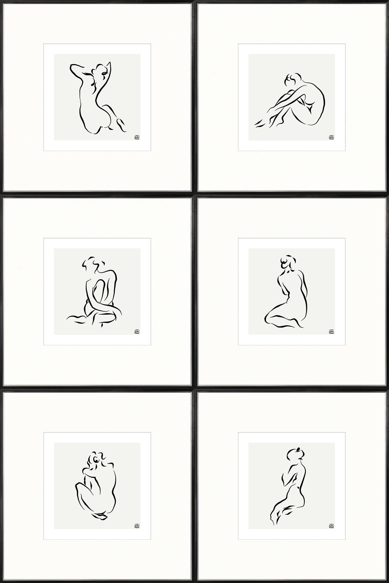 Femme Pose I - VI Bundle featuring six framed minimalist line art prints of abstract human figures on a light gray background.