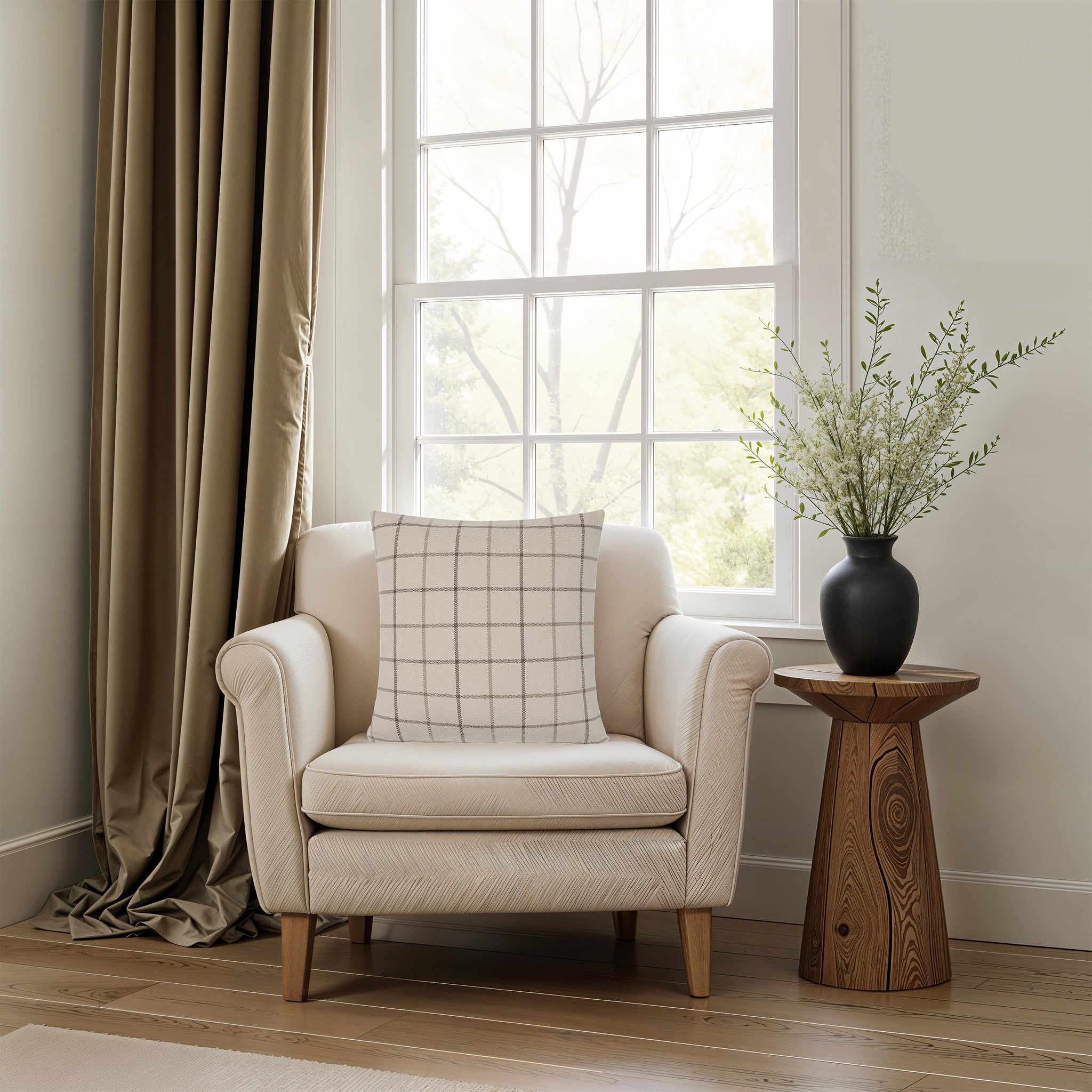 Thornhill pillow on a cream armchair next to a wooden side table and vase.