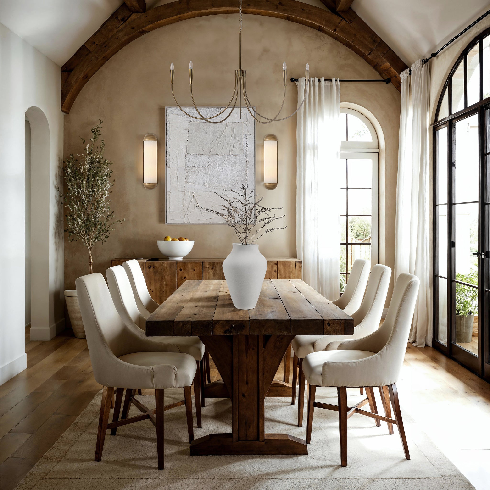 Bianchi wall art in a rustic dining room with wooden table and white vase