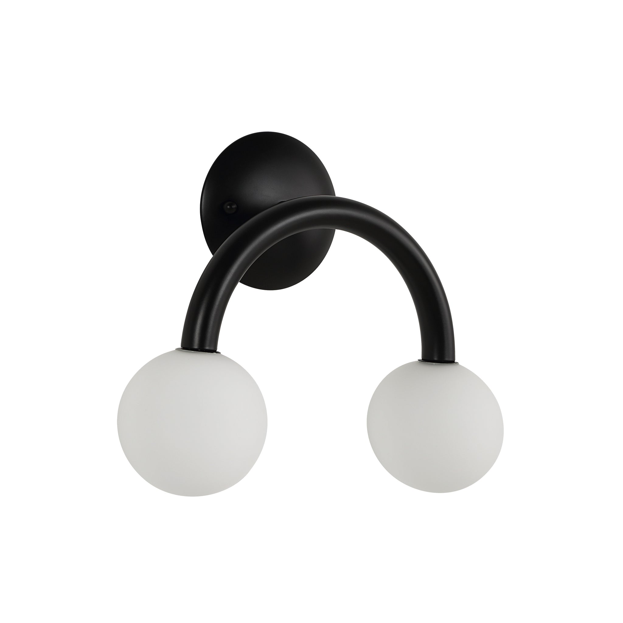 Santo wall sconce featuring two white globes on a black curved arm