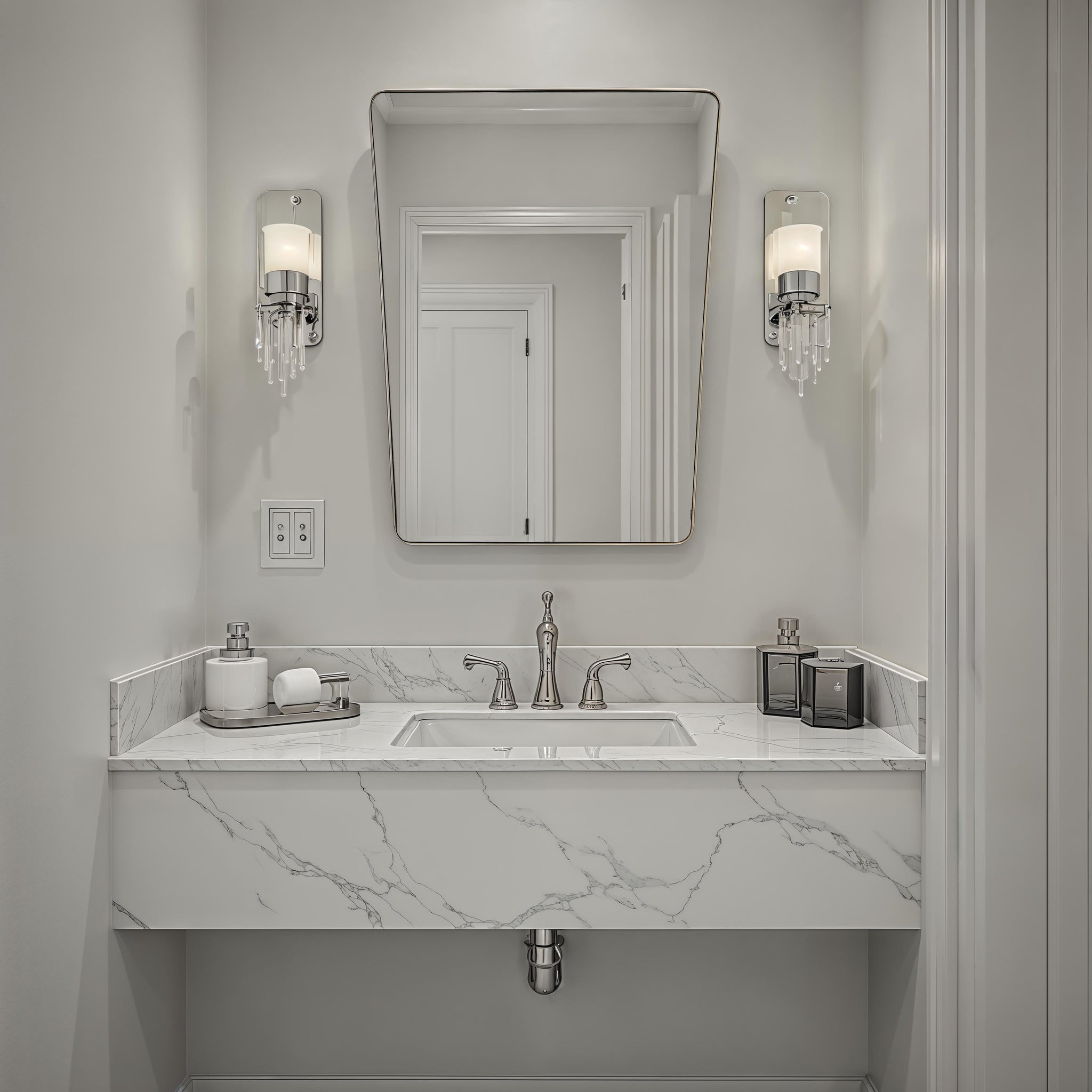 Mily mirror above a modern bathroom sink with marble countertop and stylish fixtures.