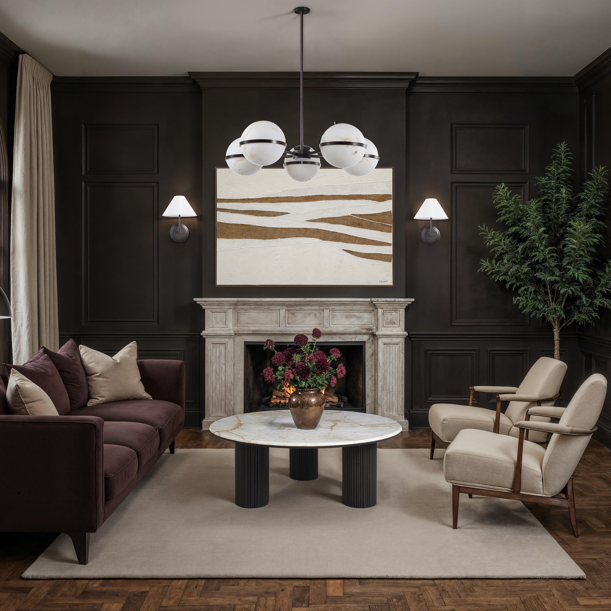 Muralis canvas art featuring abstract gold and white design above a modern living room fireplace