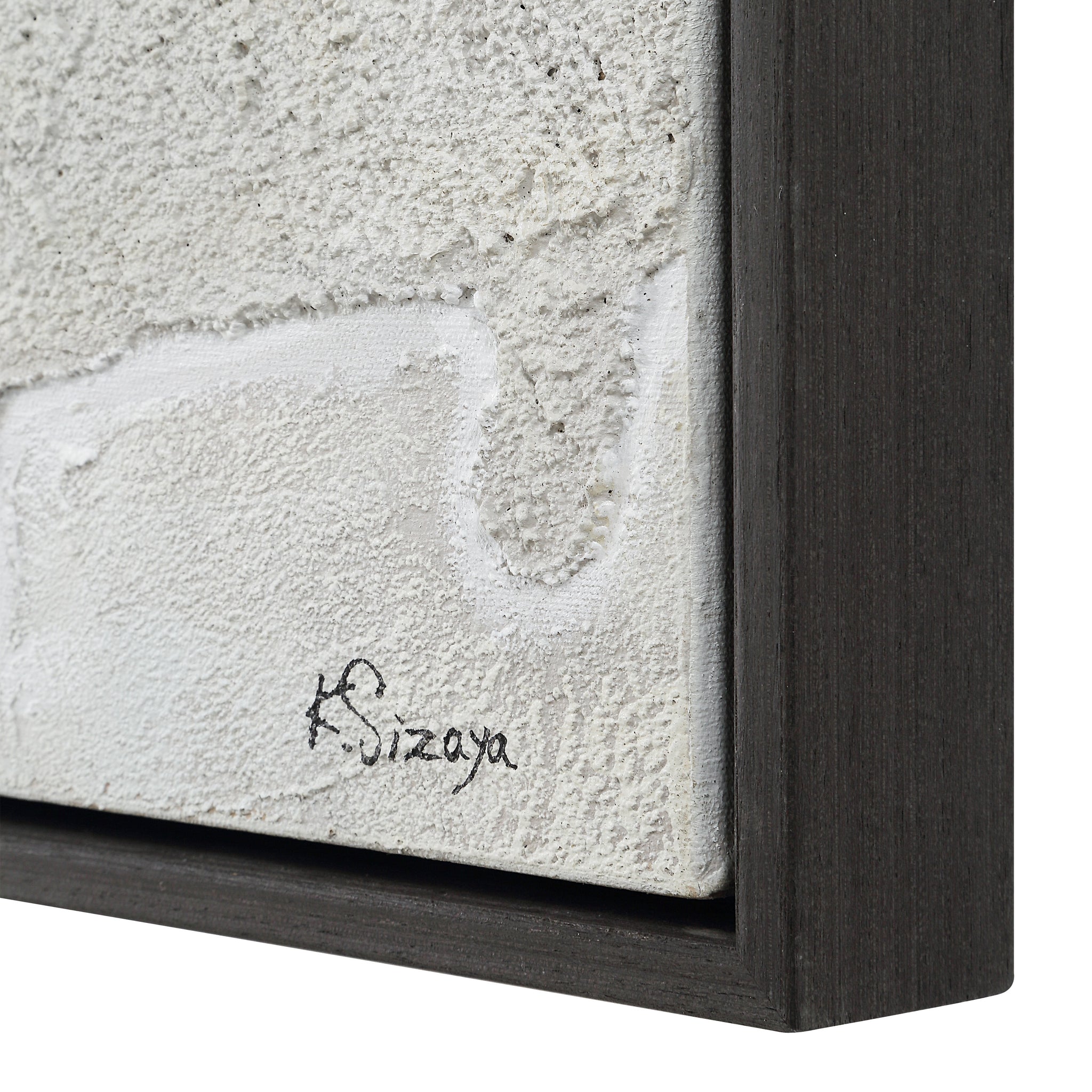 Close-up of Lacey canvas art showing textured surface and signature on the side.