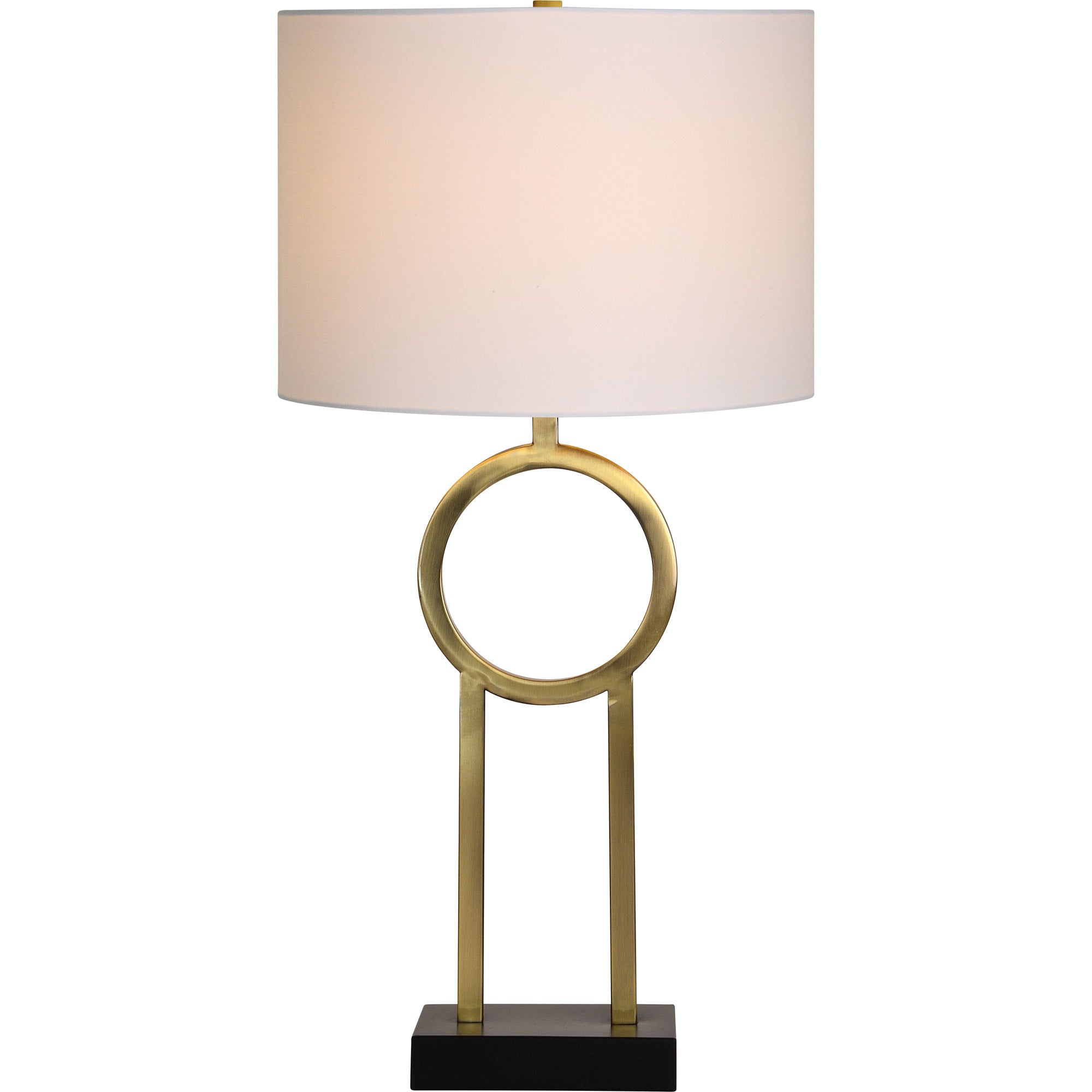 Alloro Table Lamp featuring a brass circle design and a white shade on a black base