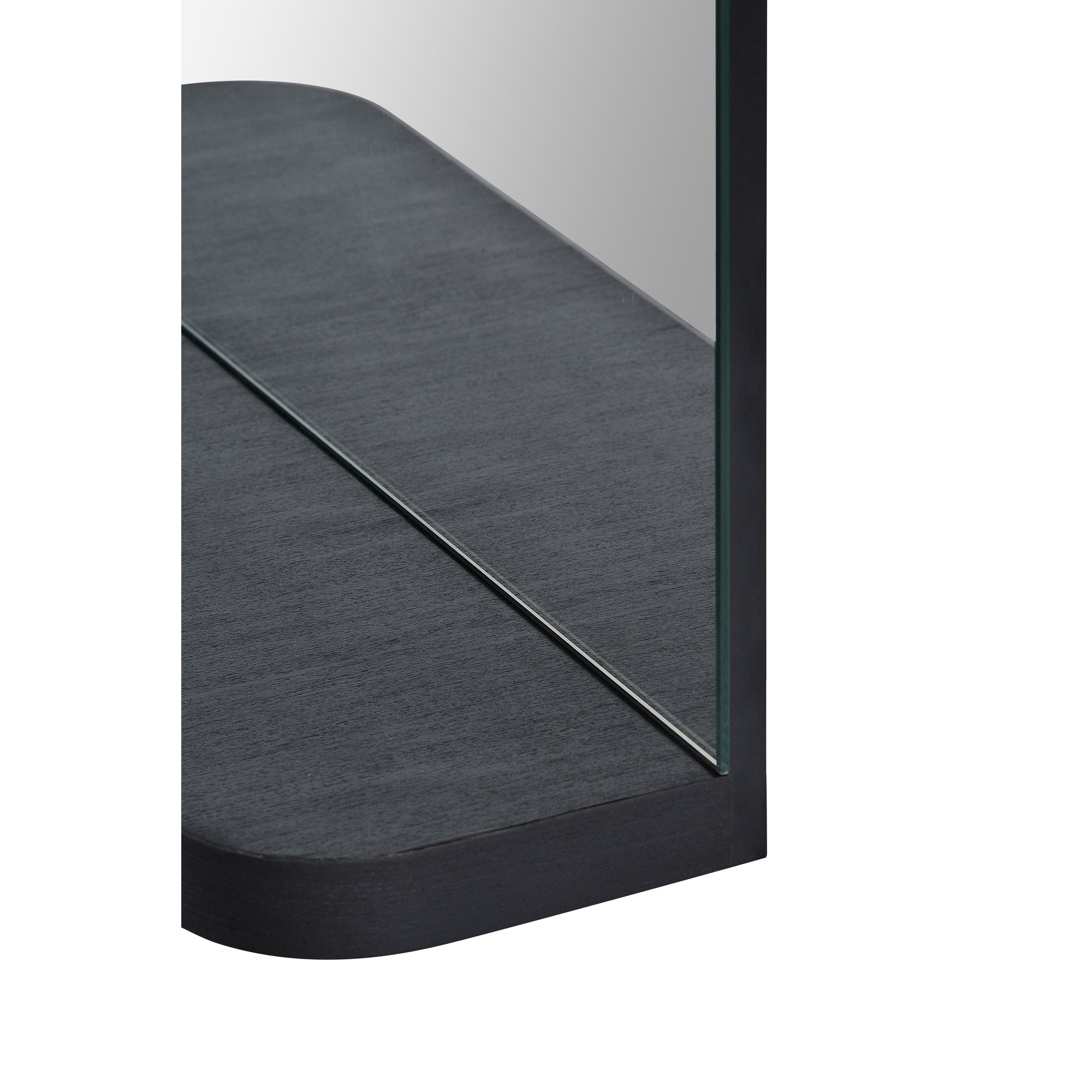 Lucila Wall Mirror featuring a sleek black wooden base with a curved edge and a glass panel.
