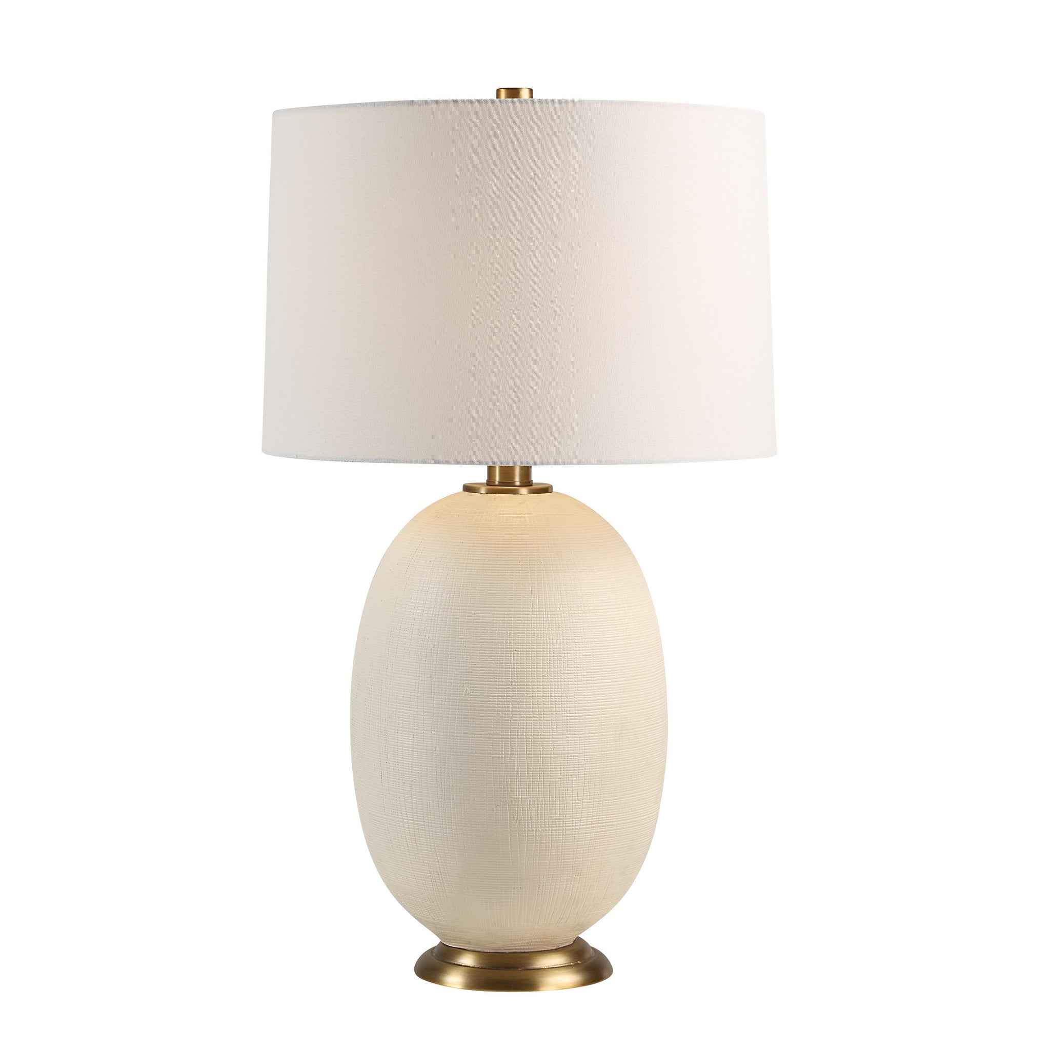 Cartagena Table Lamp featuring a smooth off-white ceramic body and a white drum shade
