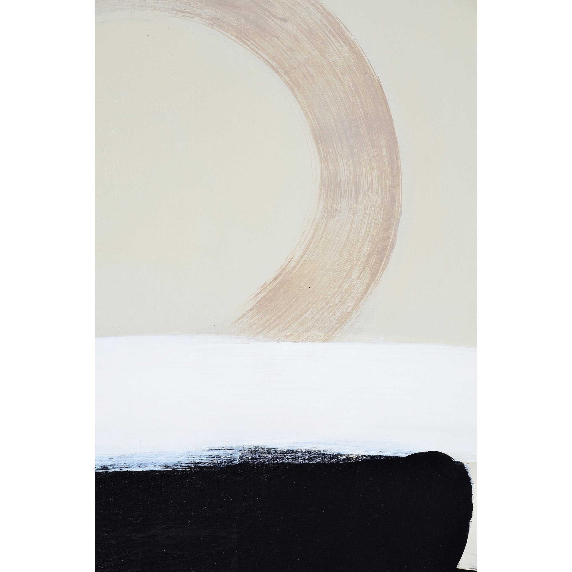Telesto Canvas Art highlighting a beige background with a circular shape and black brushstrokes.