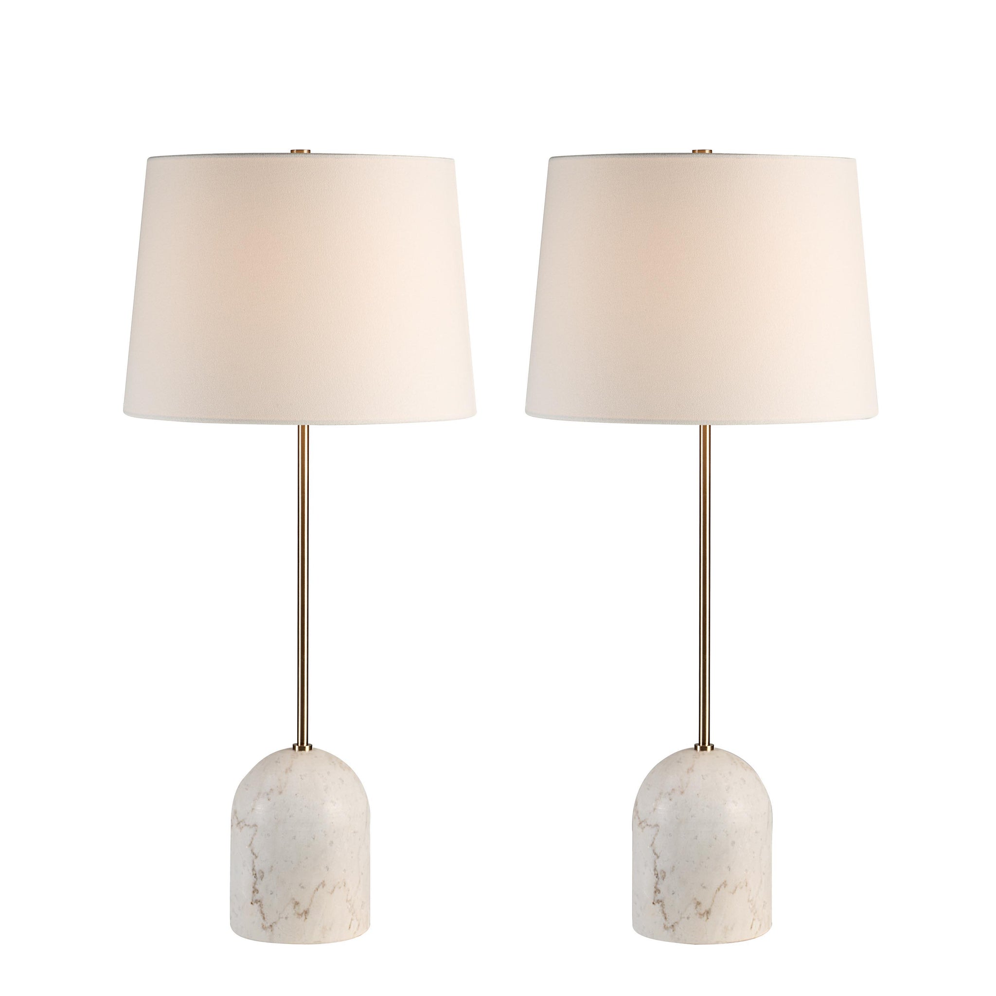 Dili table lamp set showcasing white fabric shades and marble bases, viewed from the front.