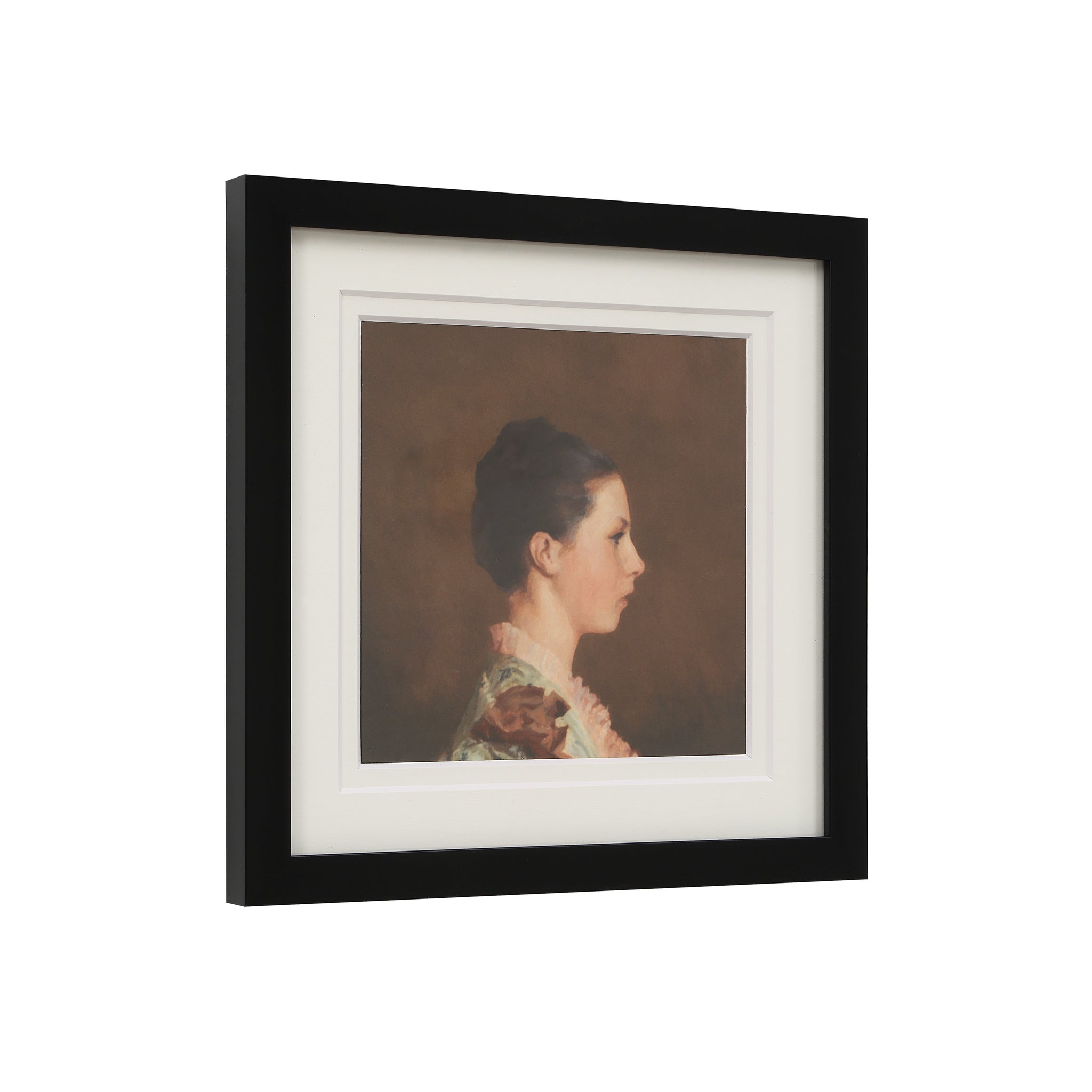 Madeleine canvas art showing a side view of a woman in a floral dress with a black frame.