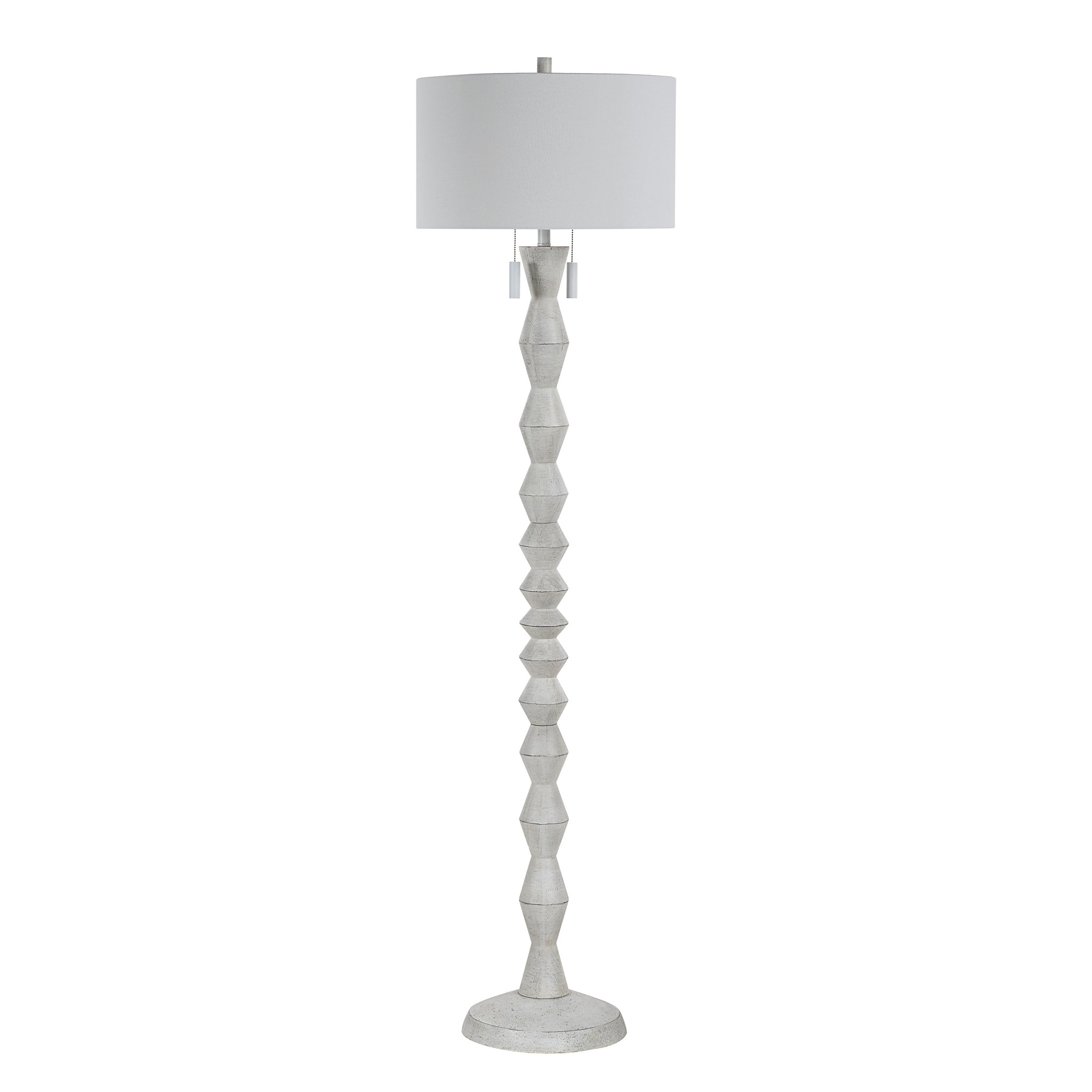 Sorriso floor lamp featuring a light gray geometric base and white fabric shade.