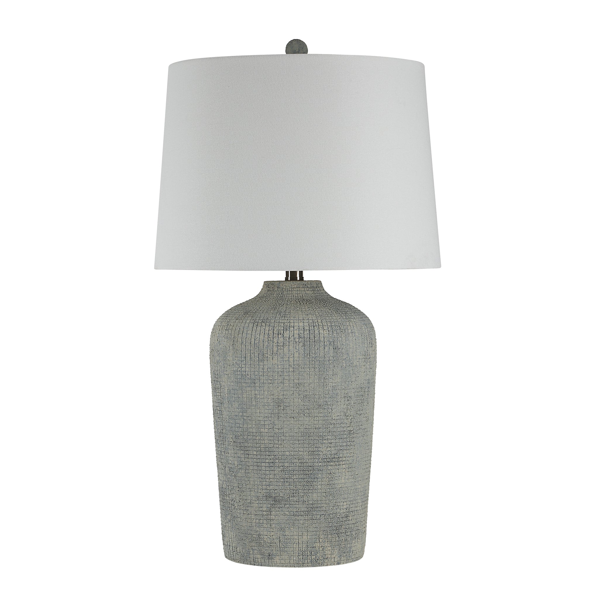 Aurelle table lamp with a textured gray ceramic base and a white fabric shade.