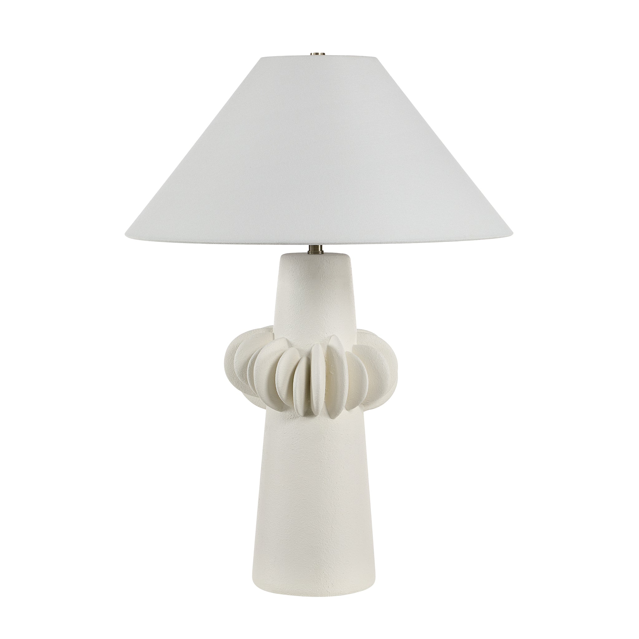 Disla Table Lamp with a textured white base and a white conical shade