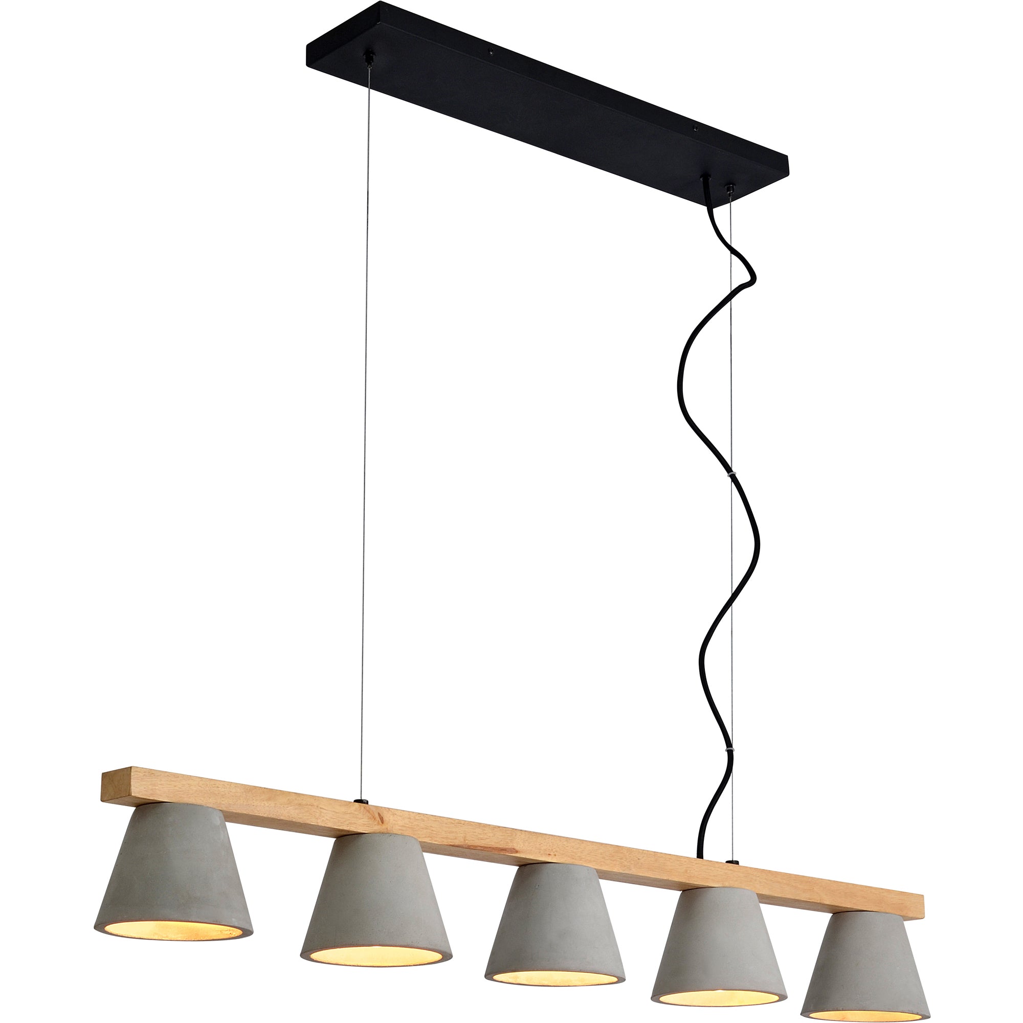 Zain Ceiling Fixture with five gray concrete shades and a wooden beam, featuring a wavy black wire design.