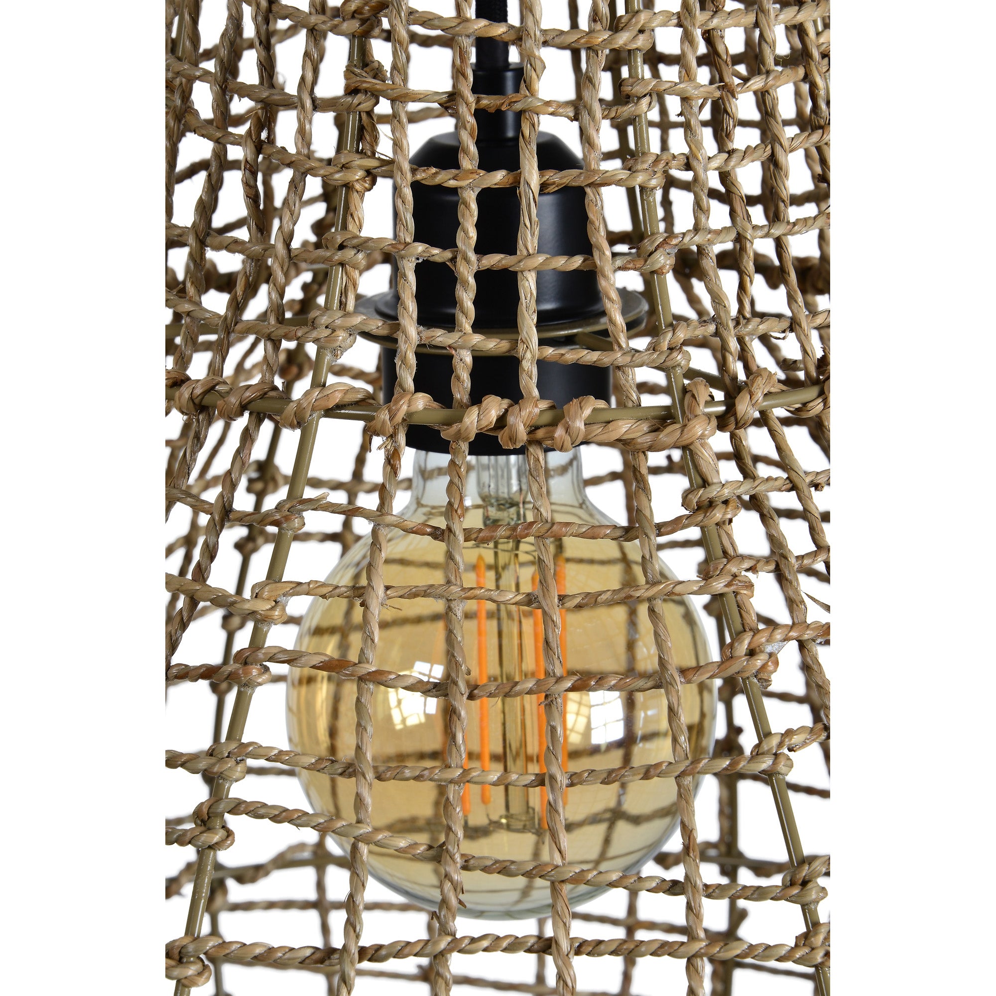 Close-up of Nahanni Ceiling Fixture showing the woven rattan shade and exposed bulb.