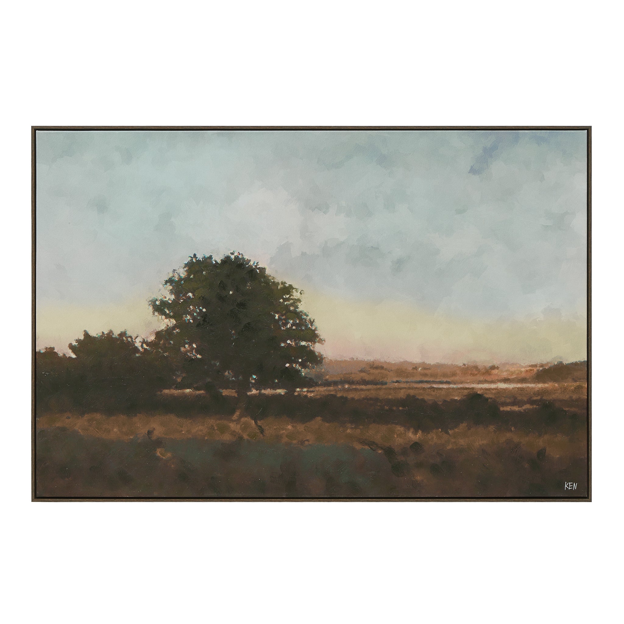 Horizon canvas art featuring a tree silhouette against a soft, cloudy sky.