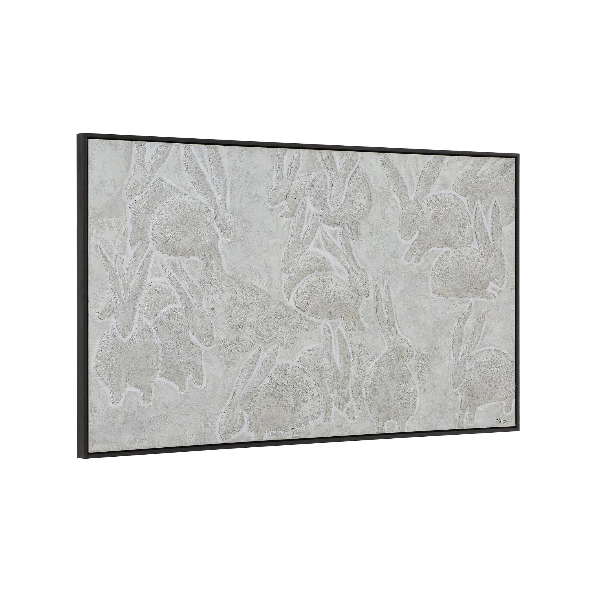 Lacey canvas art showing a pattern of rabbits in light gray, viewed from a side angle.
