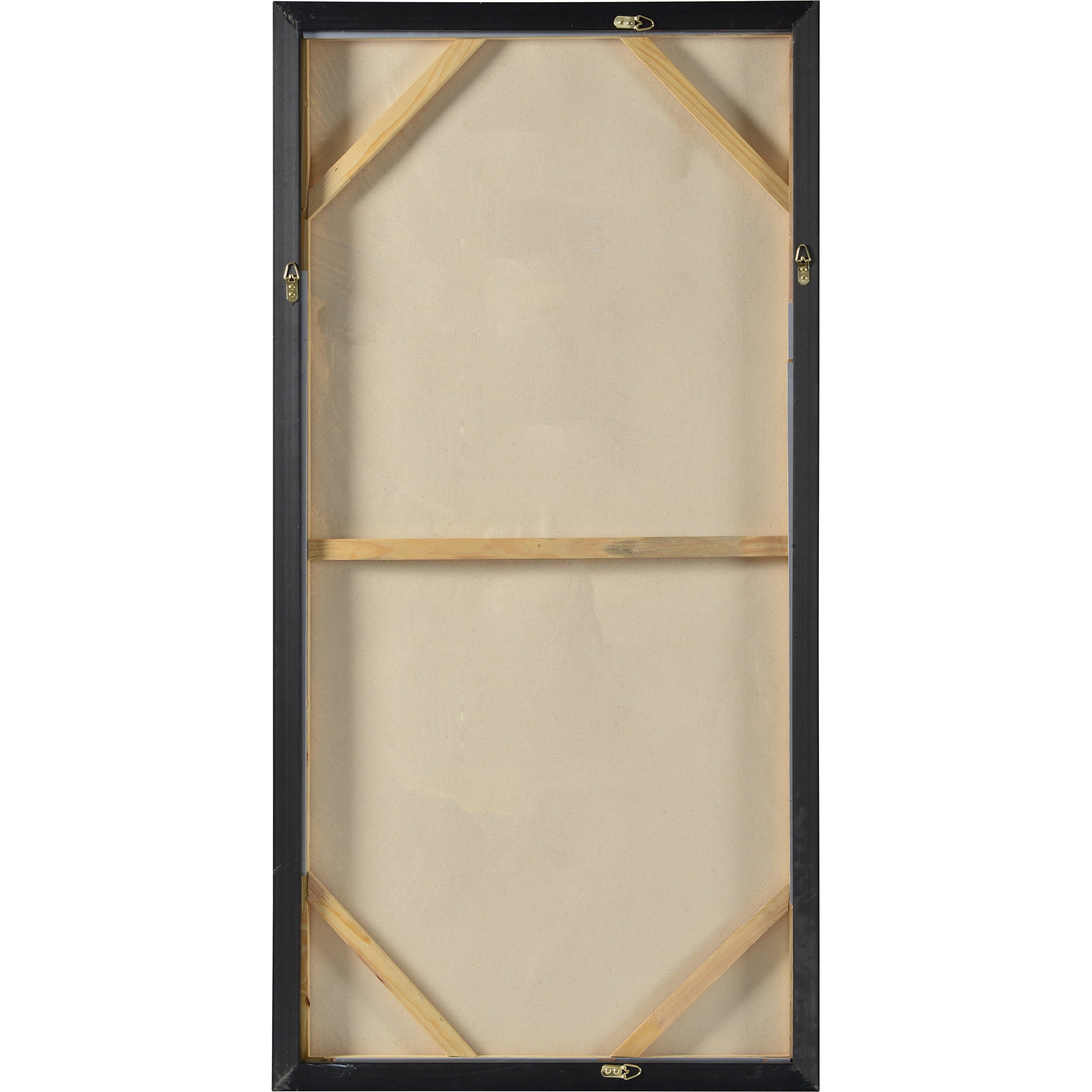 Back view of Yanno canvas art showing wooden support beams and a black frame.