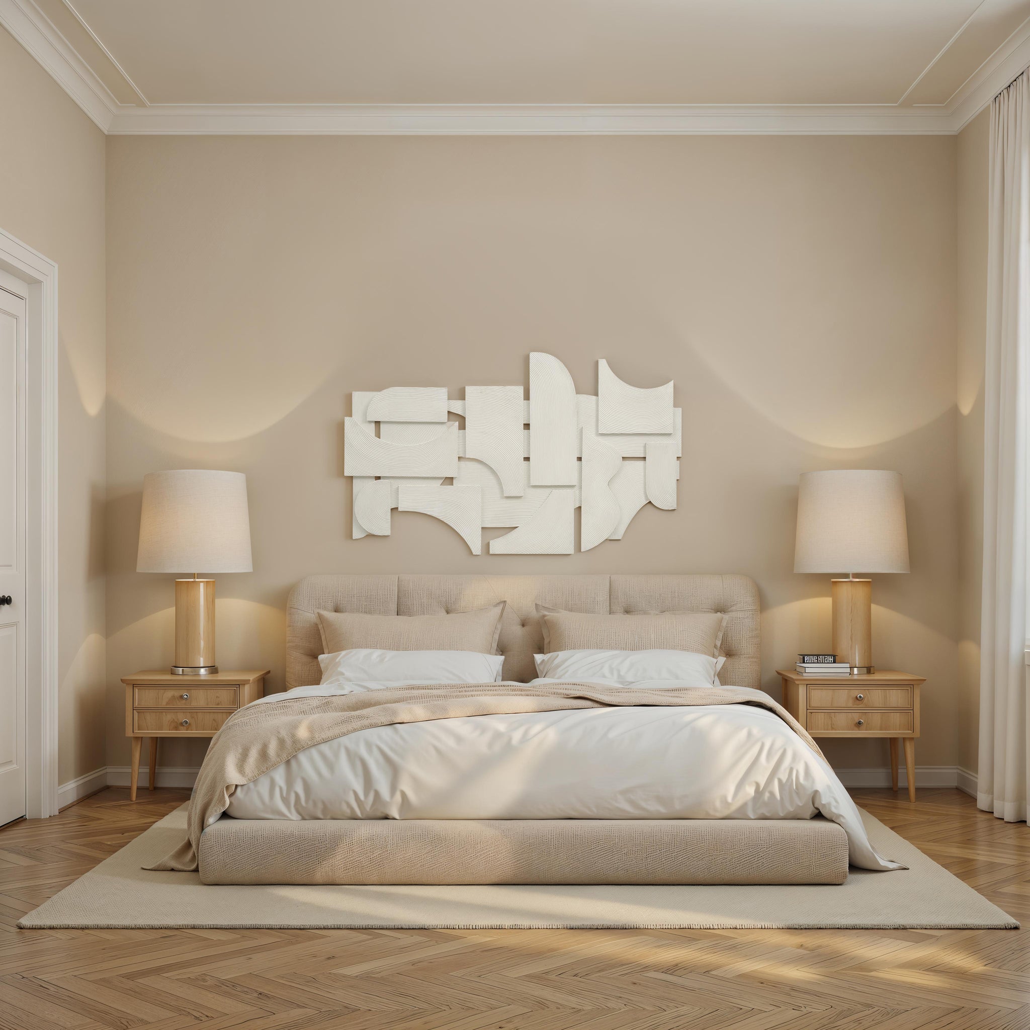 Morpho wall art featuring abstract shapes in white, mounted above a beige bed in a cozy bedroom setting.