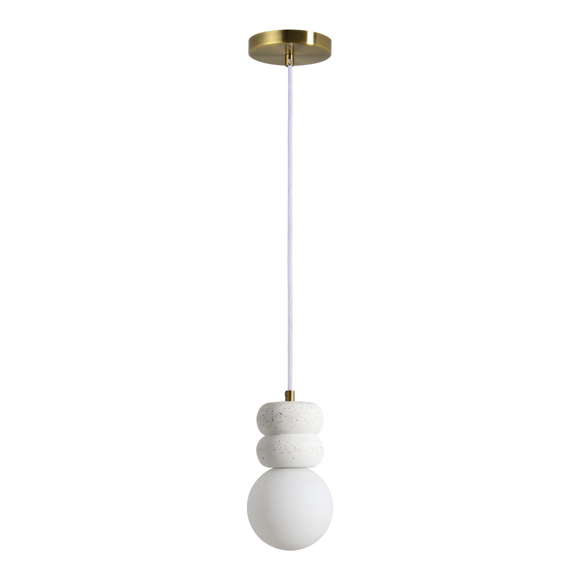 Candra Ceiling Fixture with white glass globe and textured white ceramic accents, hanging from a brass mount.