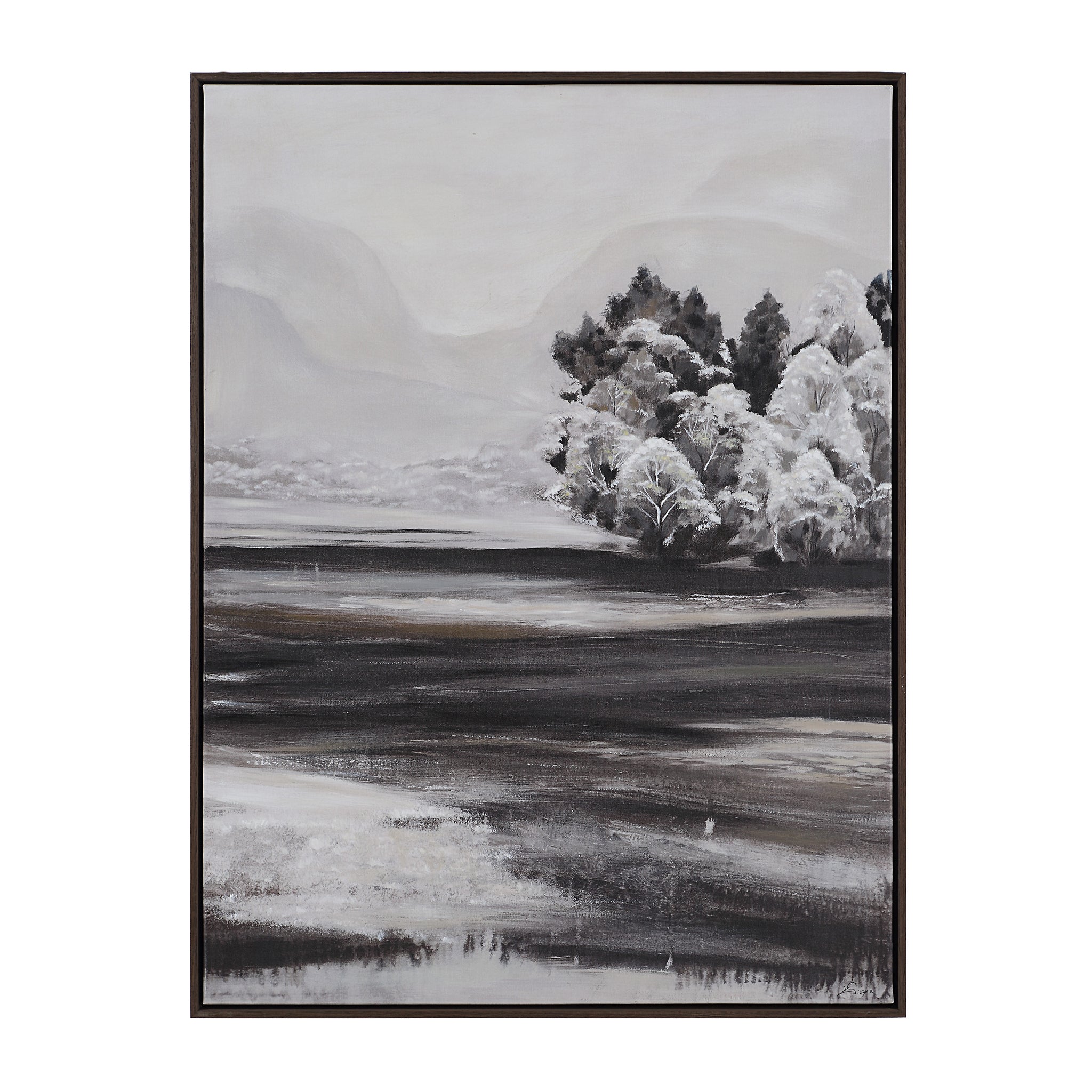 Sweeney canvas art featuring a monochromatic landscape with trees and mountains.