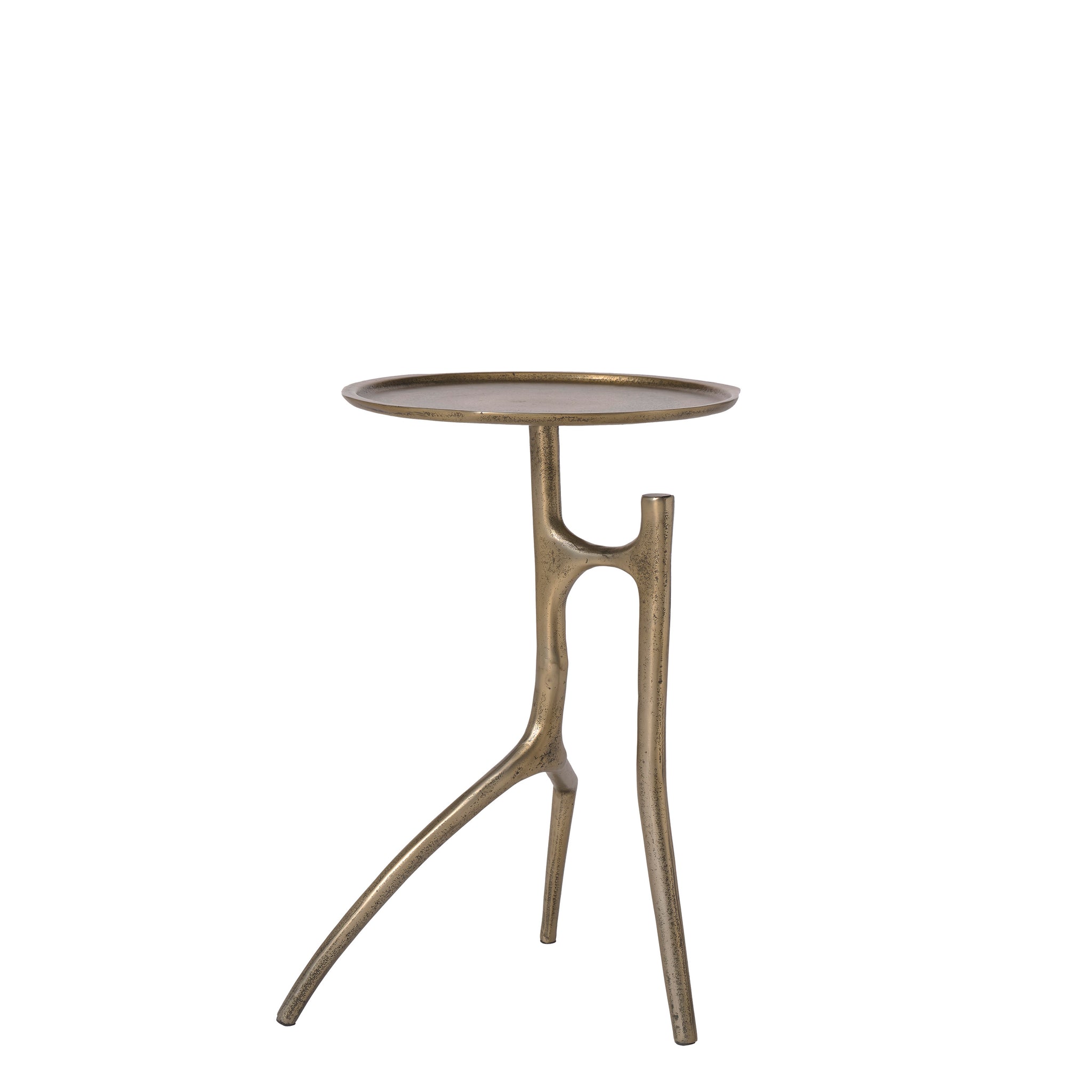 Tosca table by Renwil, featuring a round top and unique leg design in a gold finish.