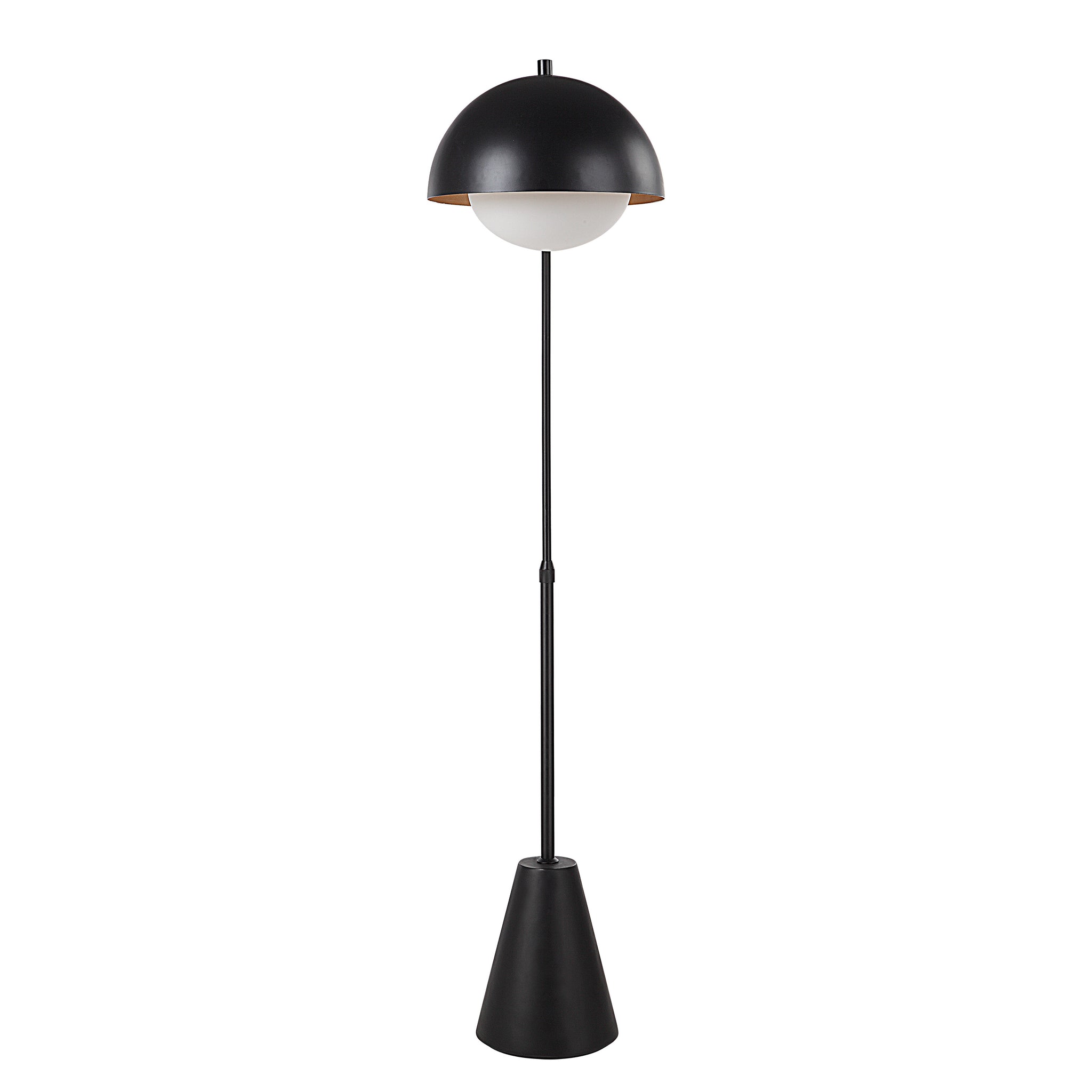 Cooke Floor Lamp showcasing a black dome shade and white globe, standing tall with a conical base.