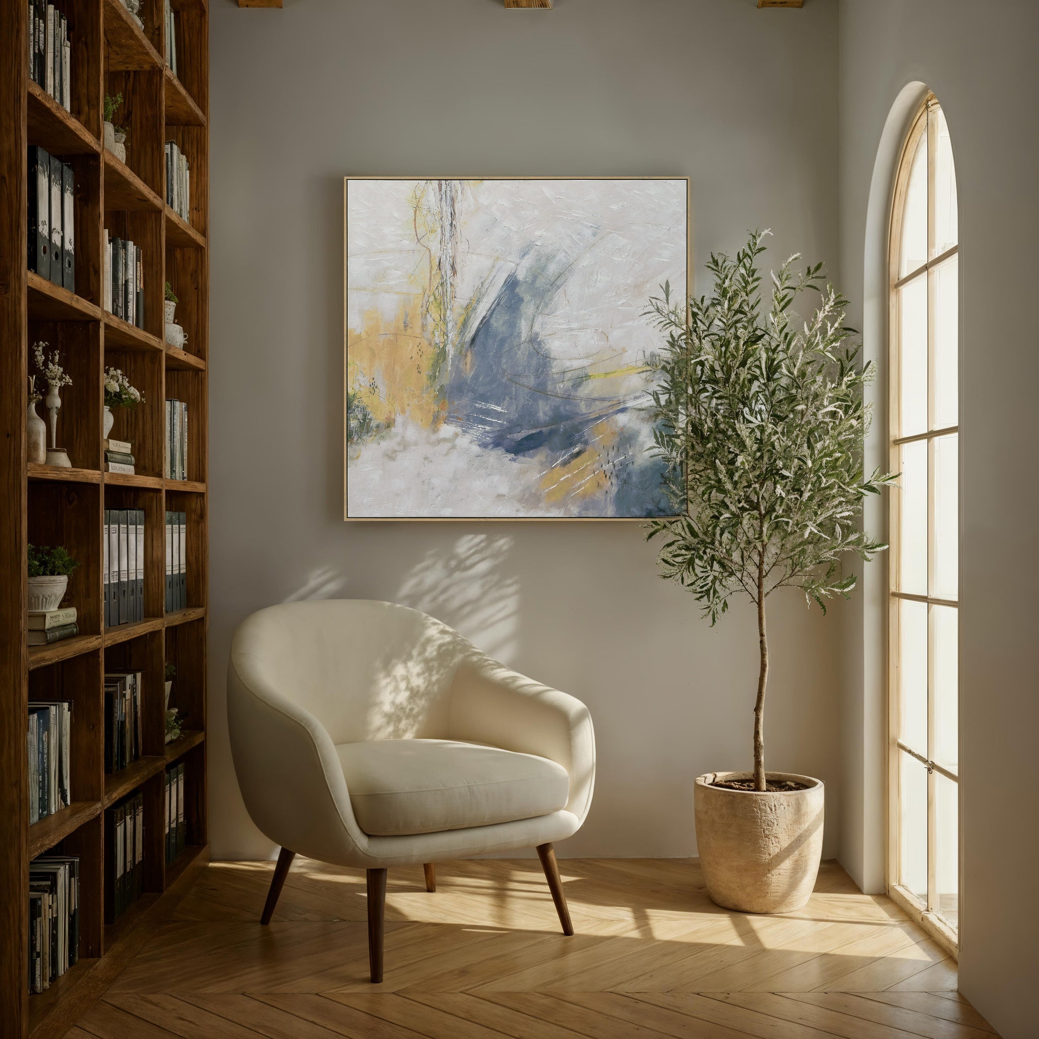 Eclat canvas art displayed in a cozy room setting with a chair and bookshelf.