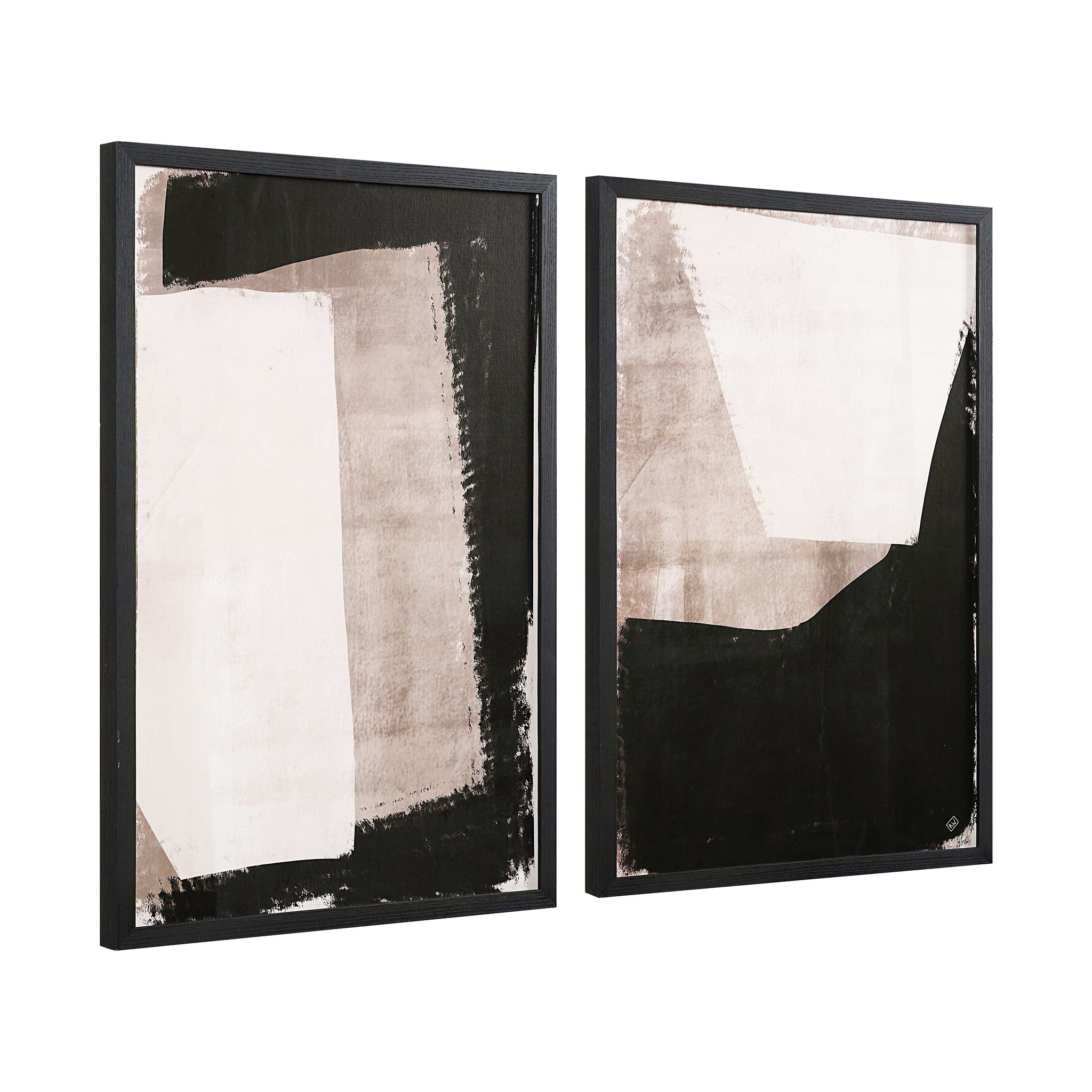 Watson wall decor showcasing two abstract pieces in black and beige, framed in black.