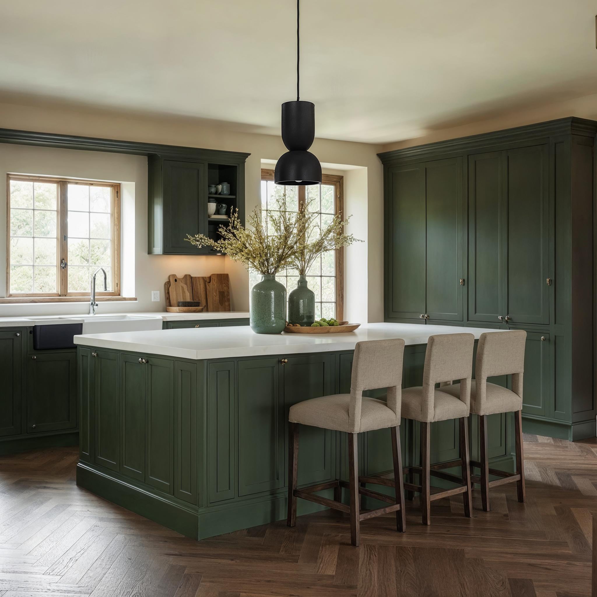 Caen chandelier in a stylish kitchen setting above a green island.