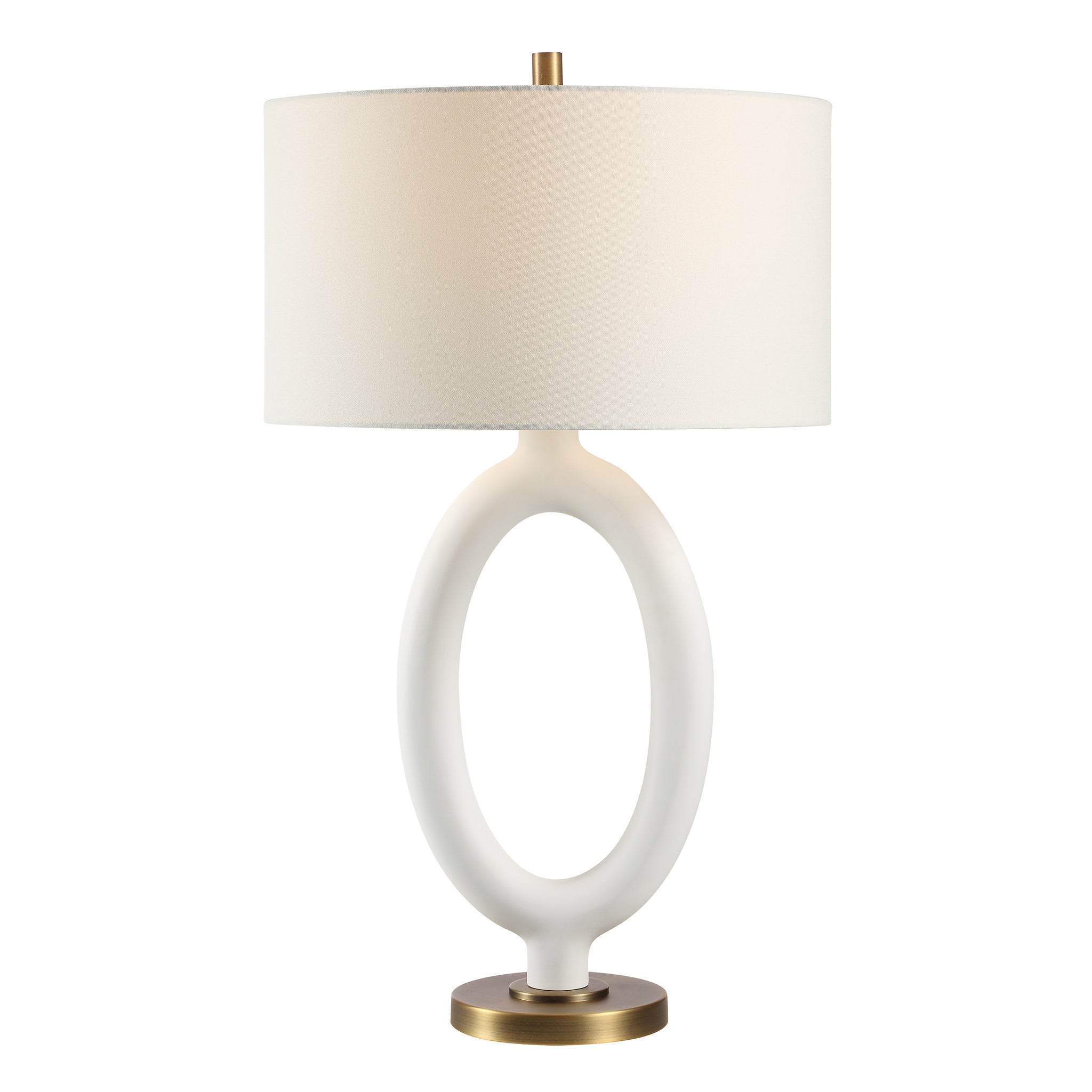 Aeris Table Lamp by Renwil featuring a white ceramic base with an oval cutout and a white fabric shade.