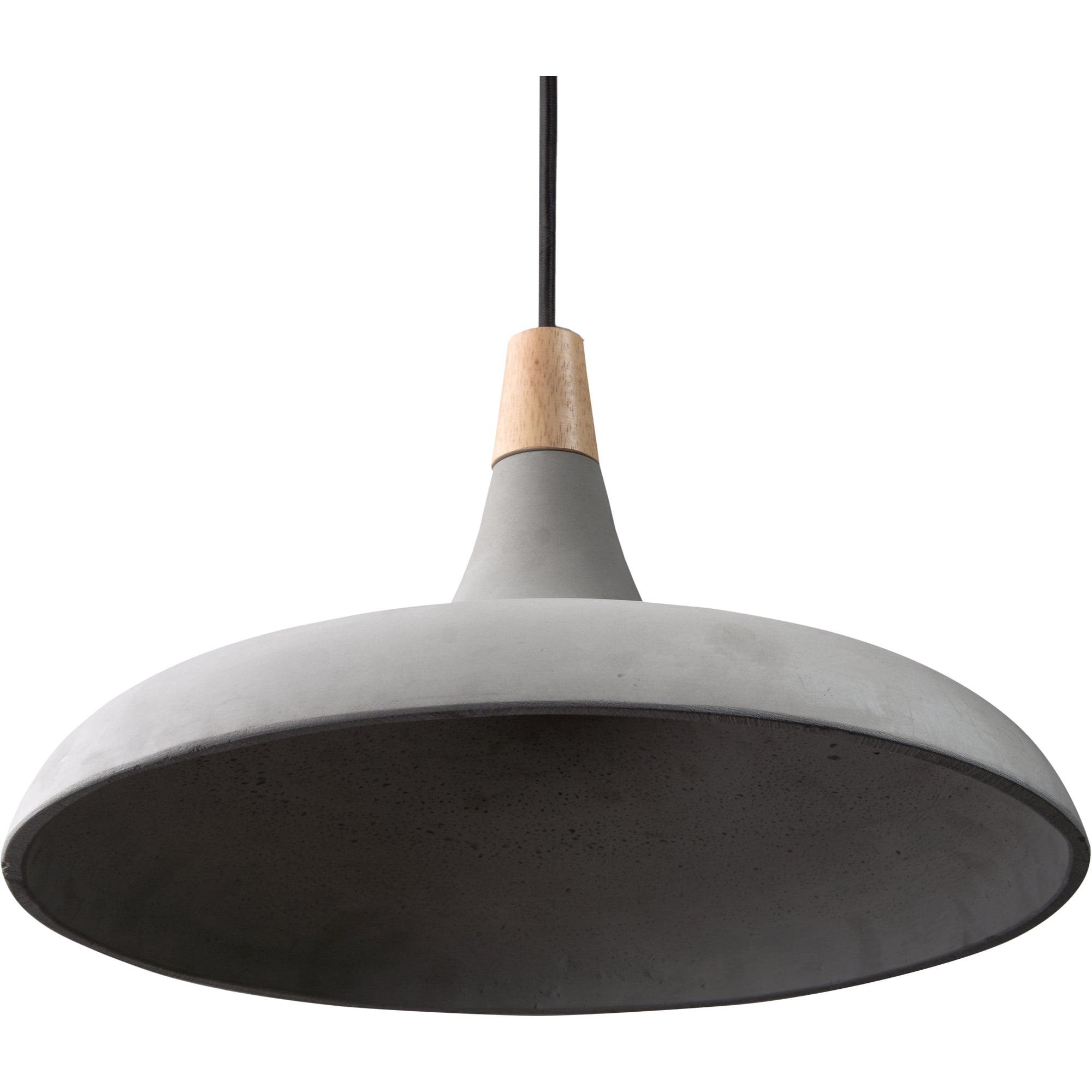 Close-up of Viola-May Ceiling Fixture showing gray concrete shade and wooden top.