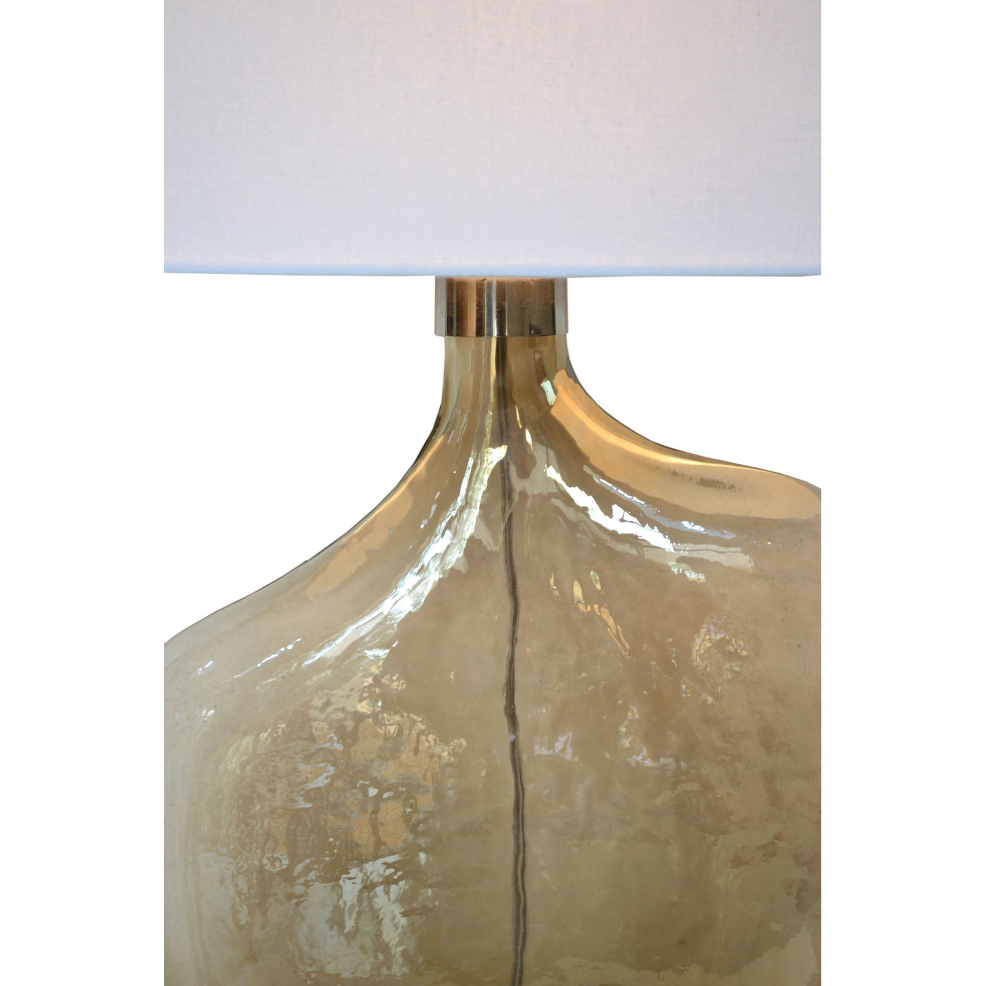 Benedek Table Lamp showcasing a sleek gold glass base and a white fabric shade