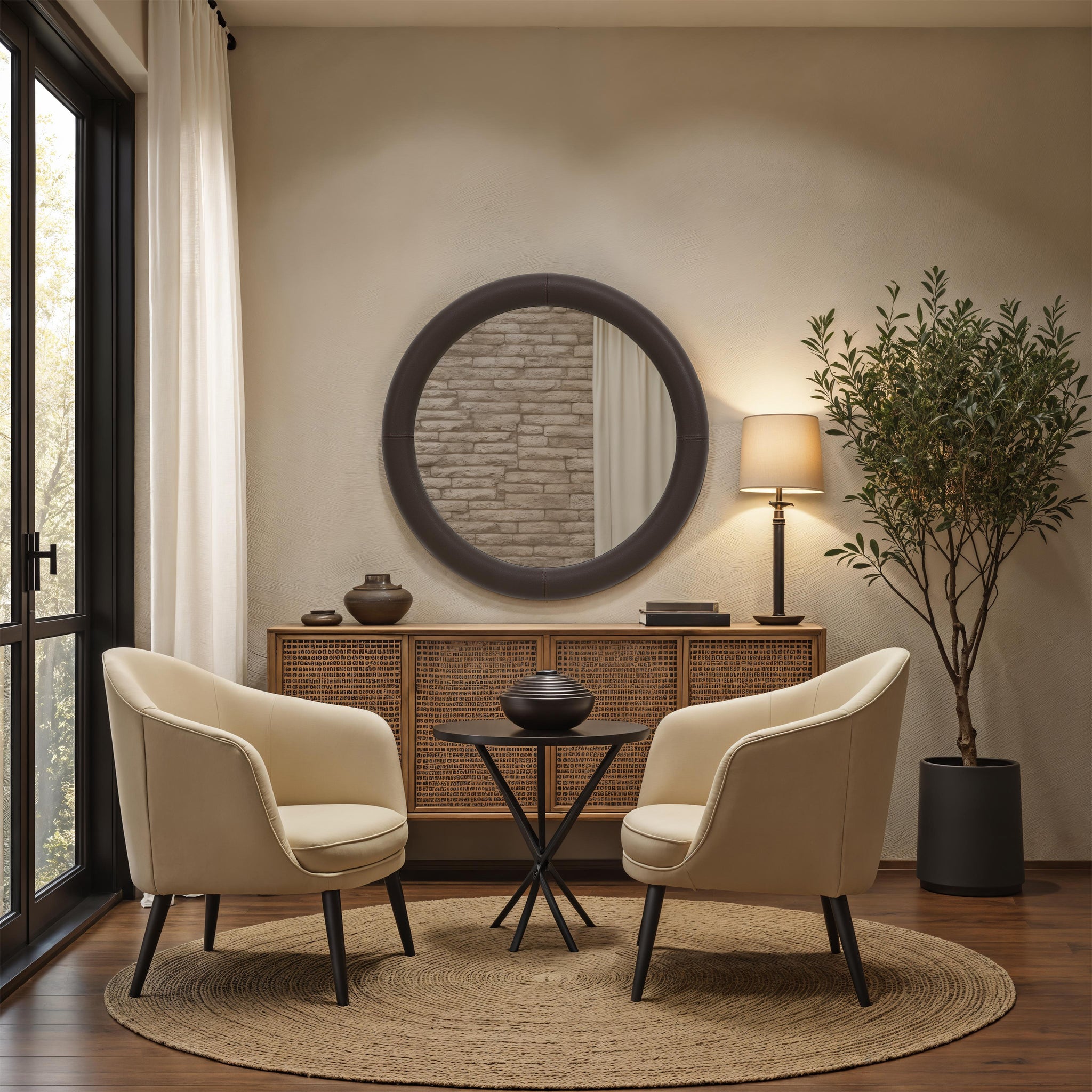 Potro mirror with a round black frame reflecting a cozy room with beige chairs, a wooden table, and a plant.